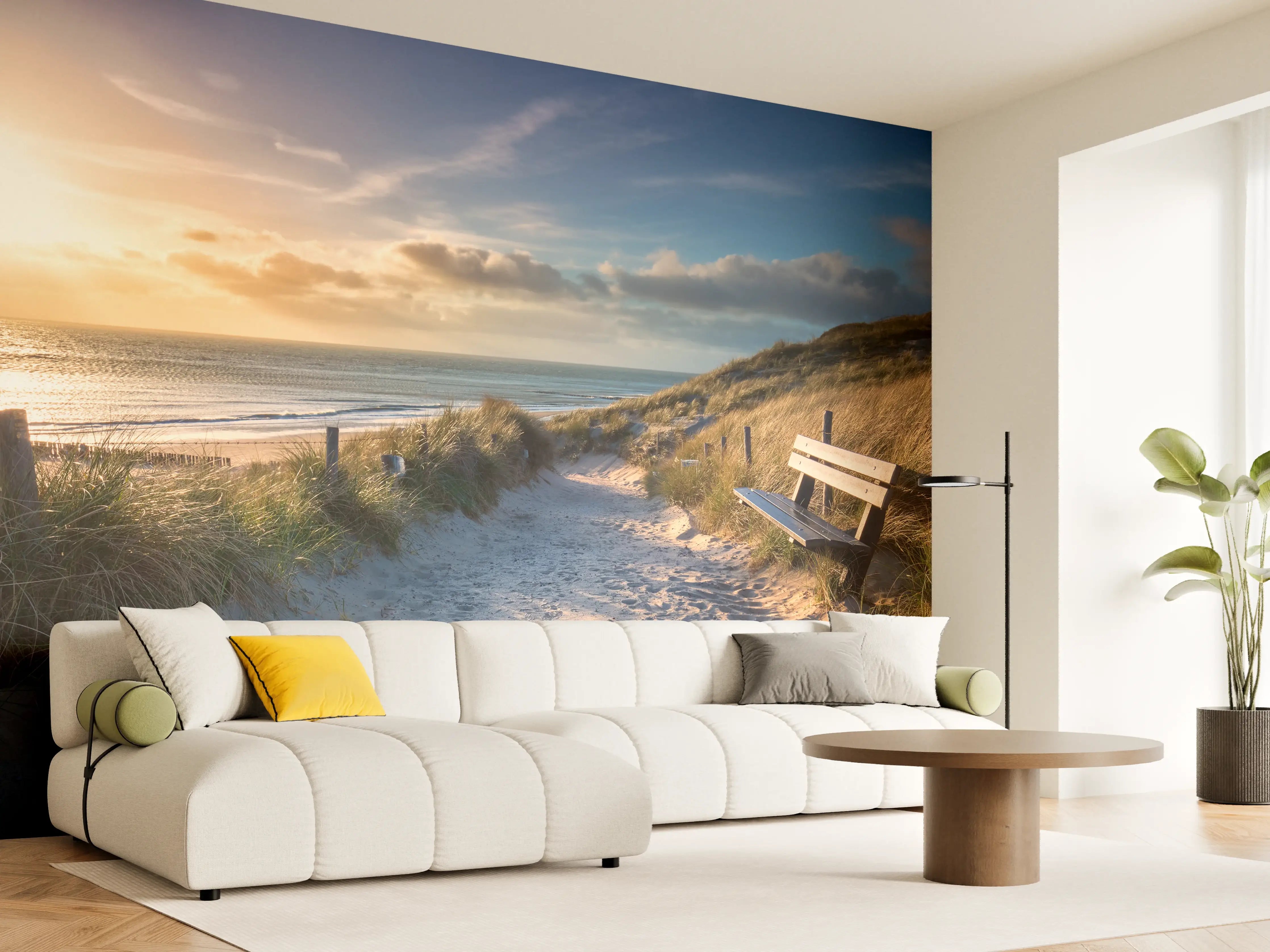 Wandverkleidung Wohnzimmer - Sanfte Grautöne am Sonnenuntergangsandstrand
