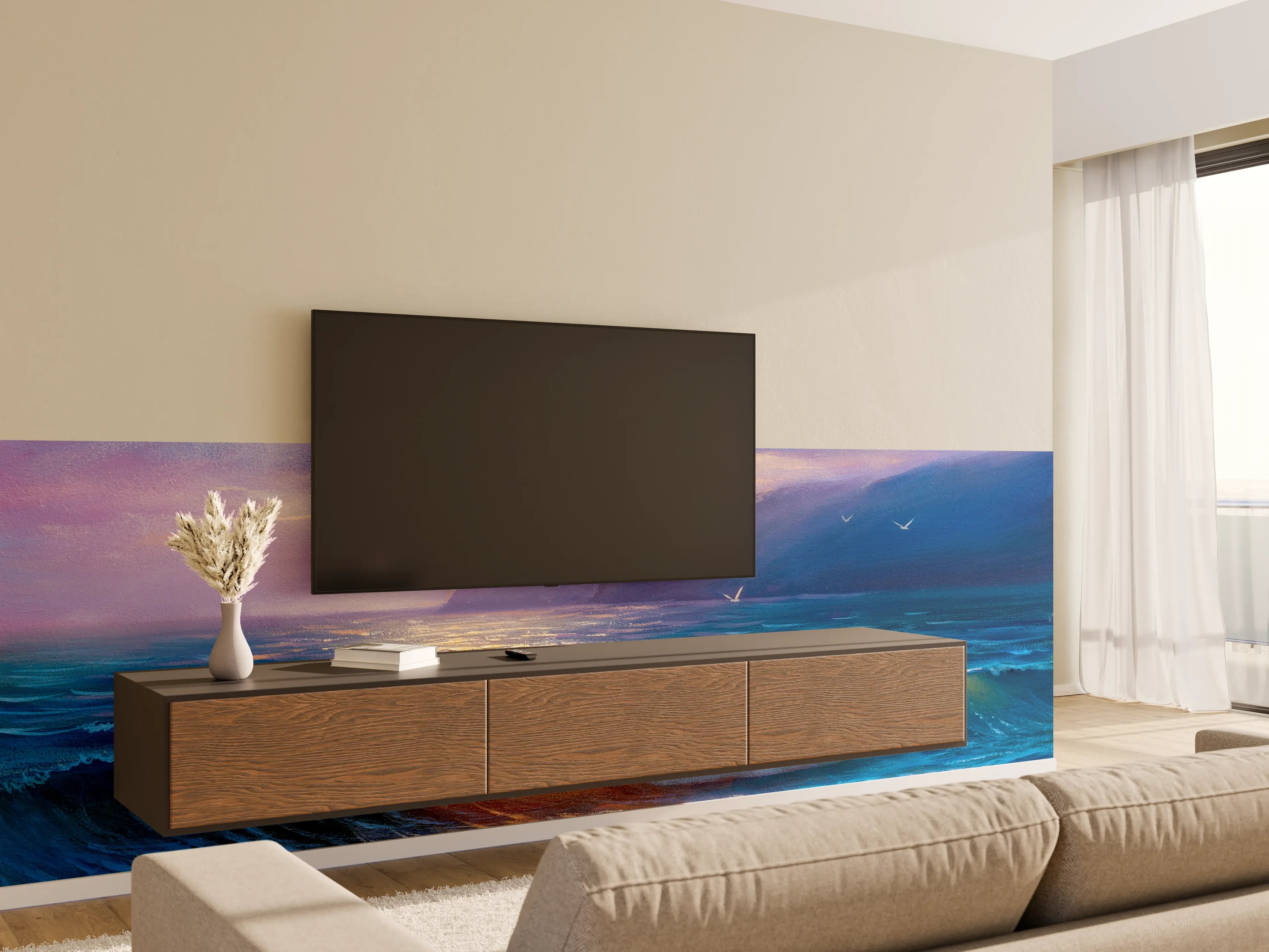 Wandverkleidung Wohnzimmer - Sanfte Grautöne beim Meeresabend