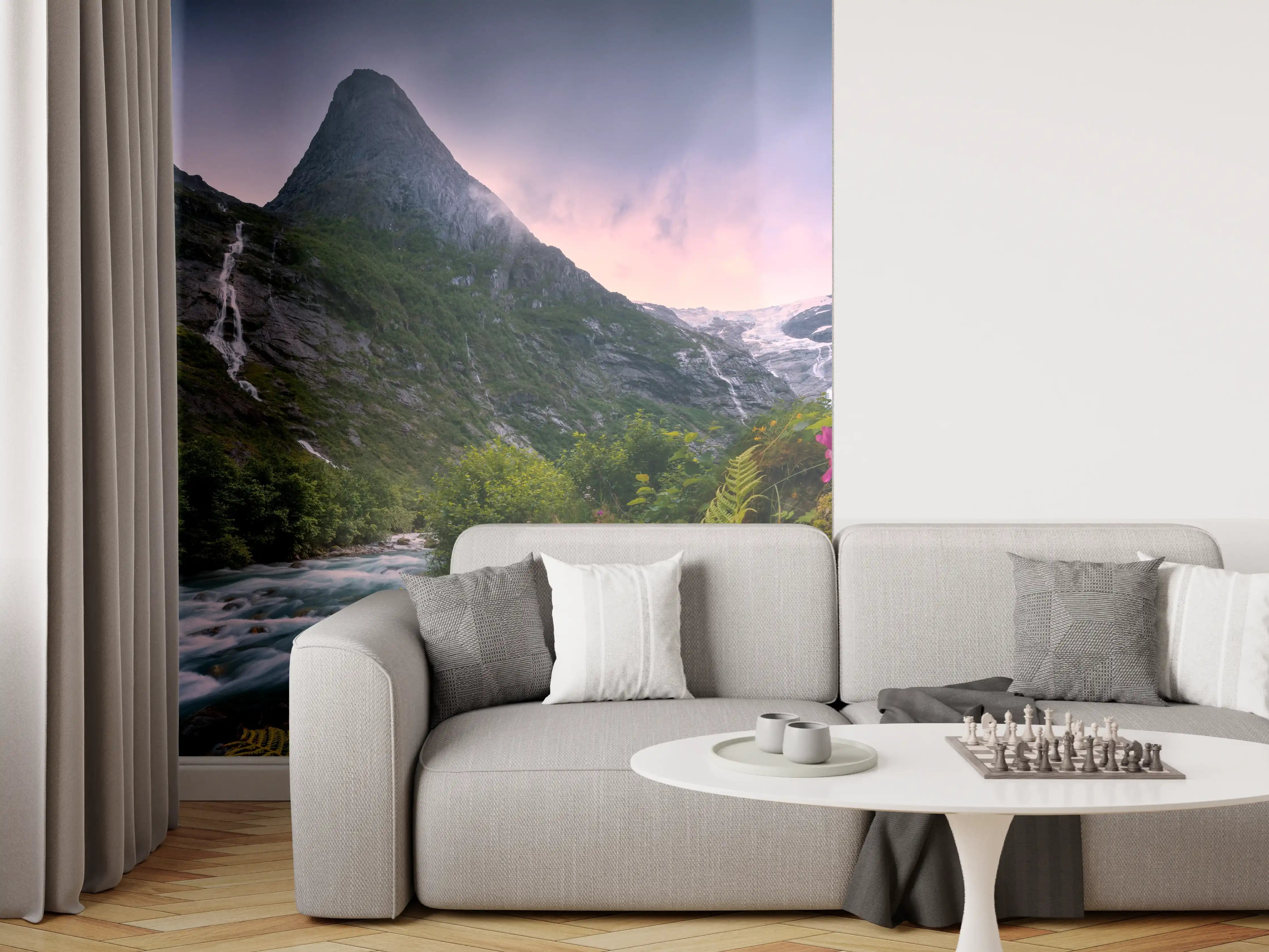 Wandverkleidung Wohnzimmer - Sanfte Grautöne in Bergwasserfall