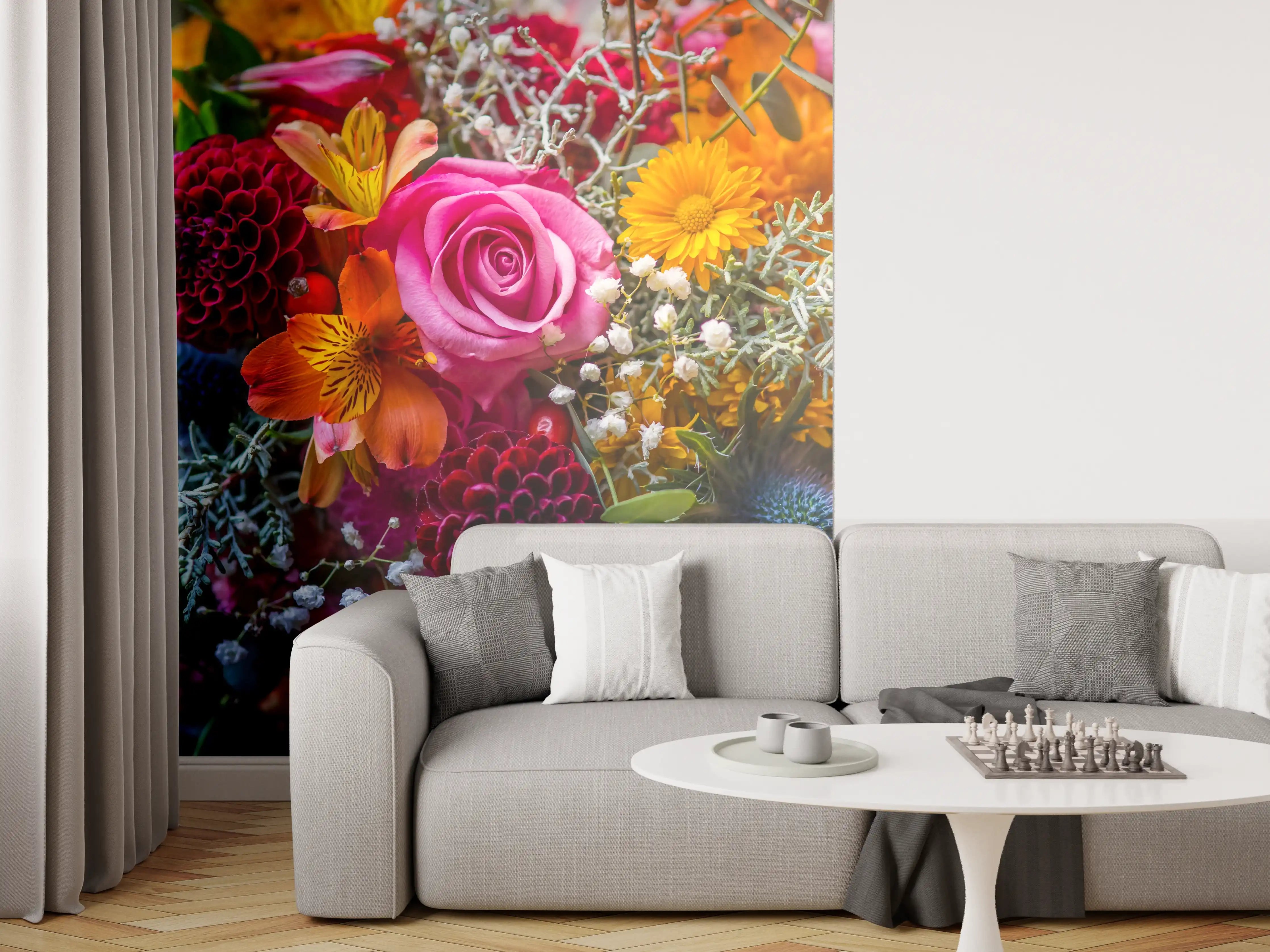Wandverkleidung Wohnzimmer - Sanfte Grautöne in Blütenmeer