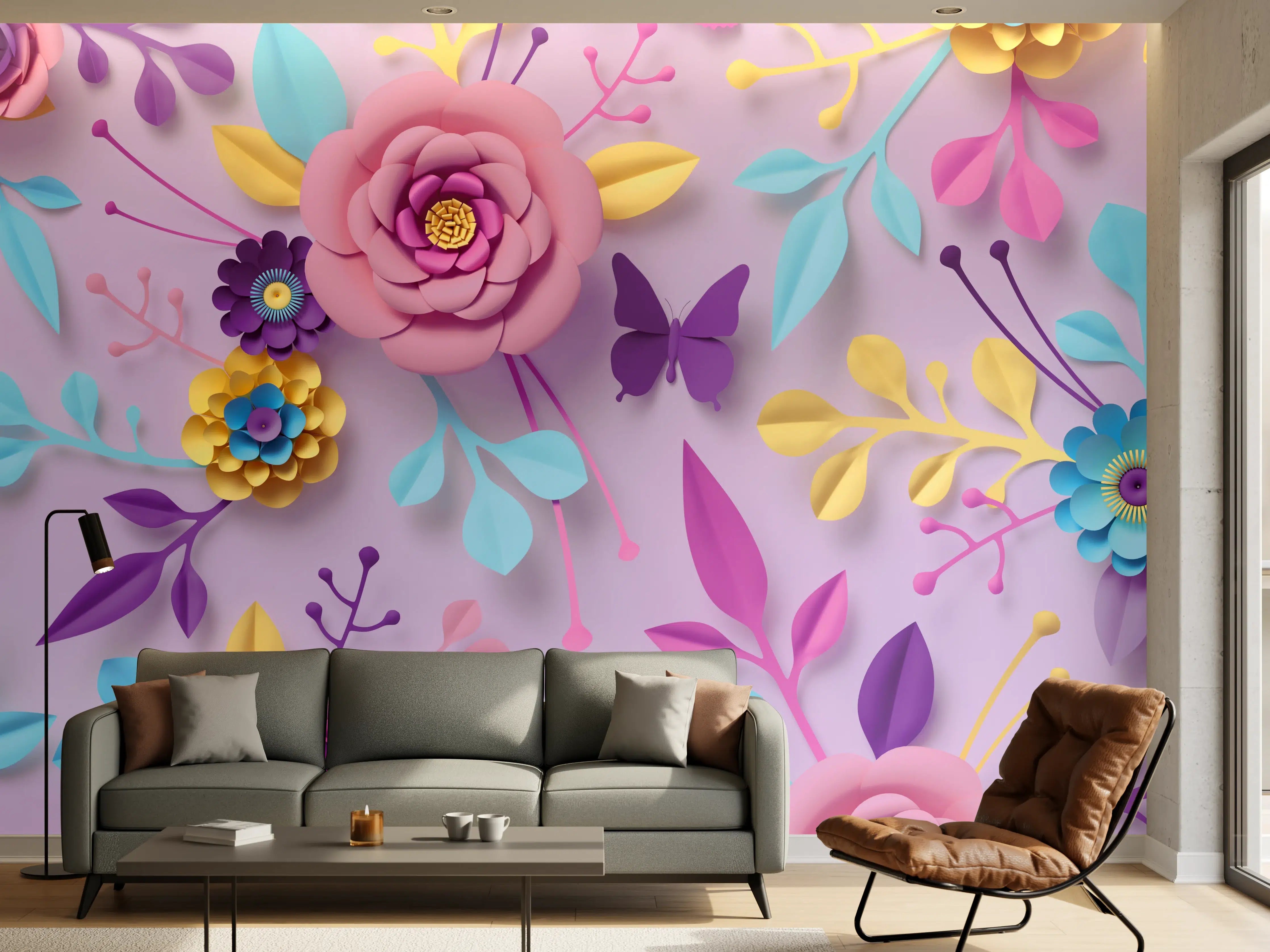 Wandverkleidung Wohnzimmer - Sanfte Grautöne in Blumenmustern