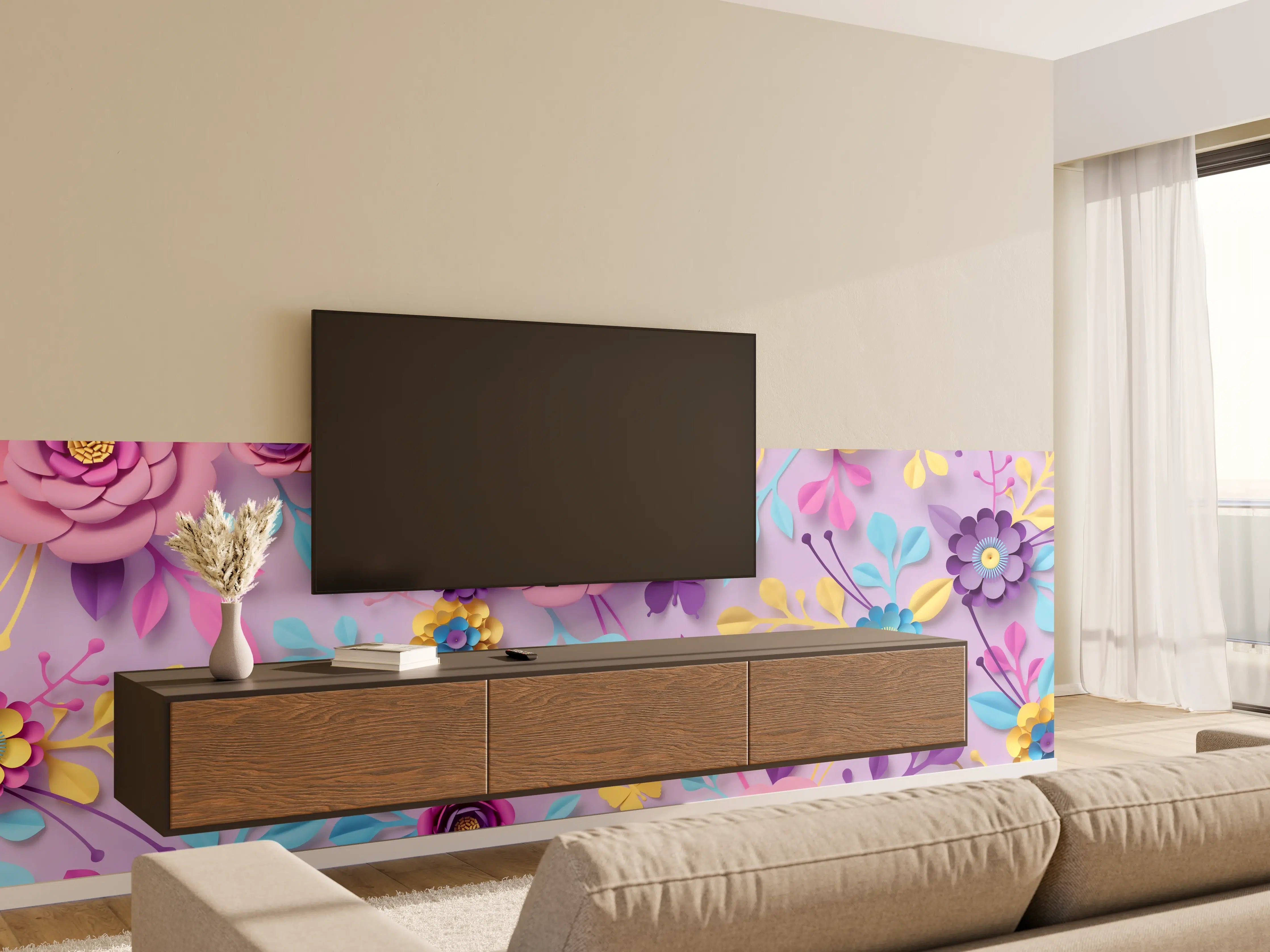 Wandverkleidung Wohnzimmer - Sanfte Grautöne in Blumenmustern
