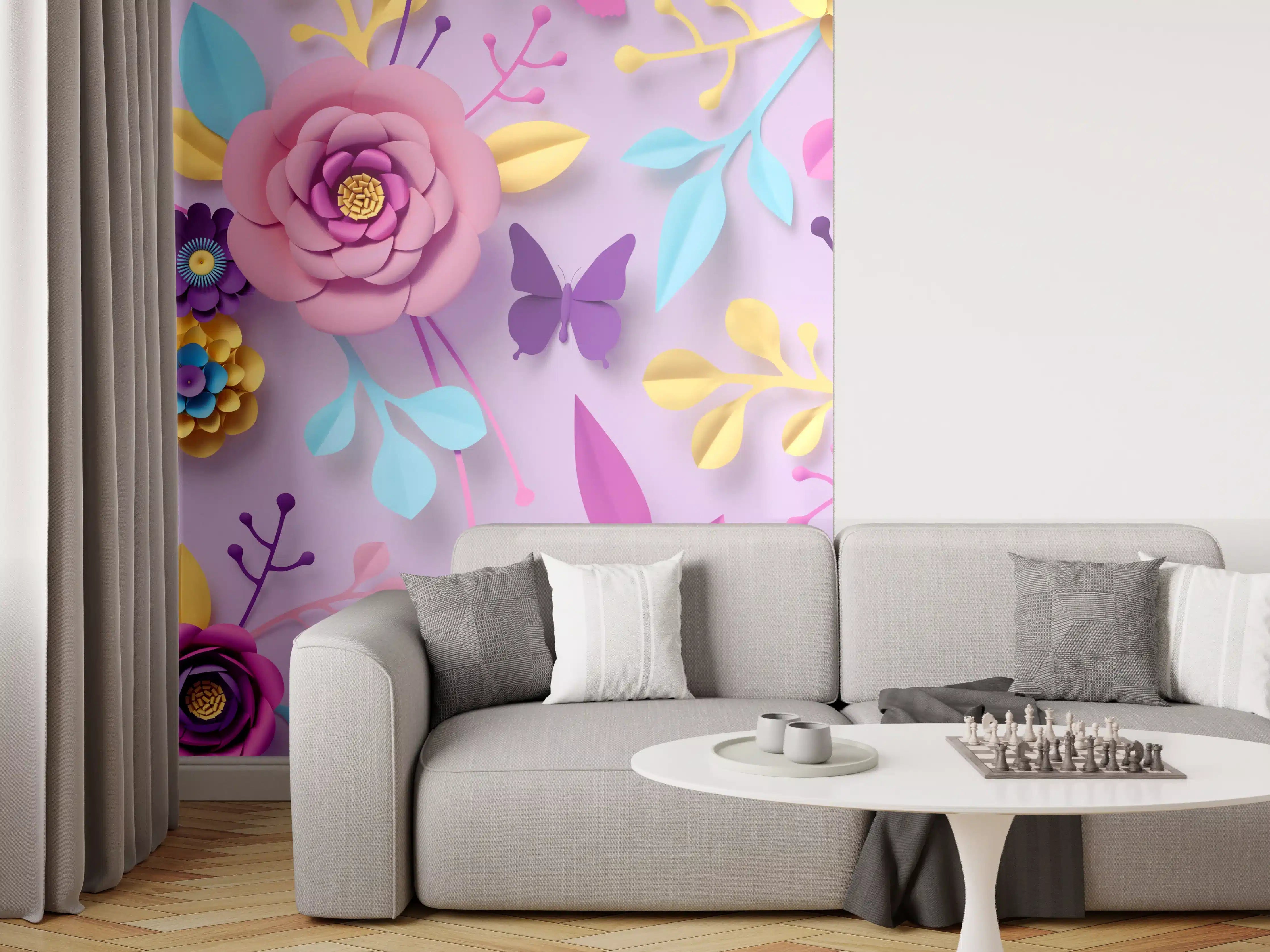 Wandverkleidung Wohnzimmer - Sanfte Grautöne in Blumenmustern