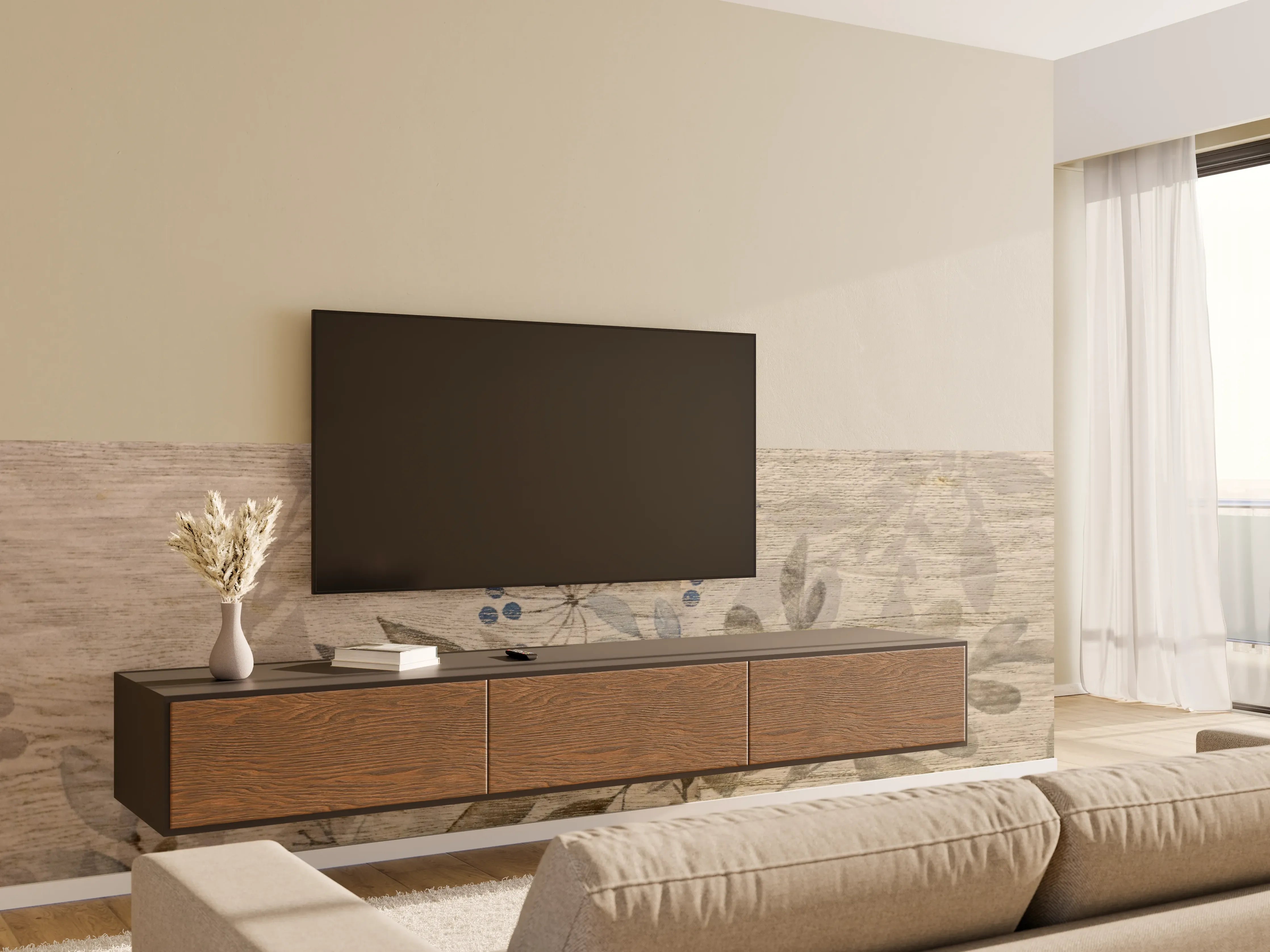 Wandverkleidung Wohnzimmer - Sanfte Holzoptik mit Blumenmuster