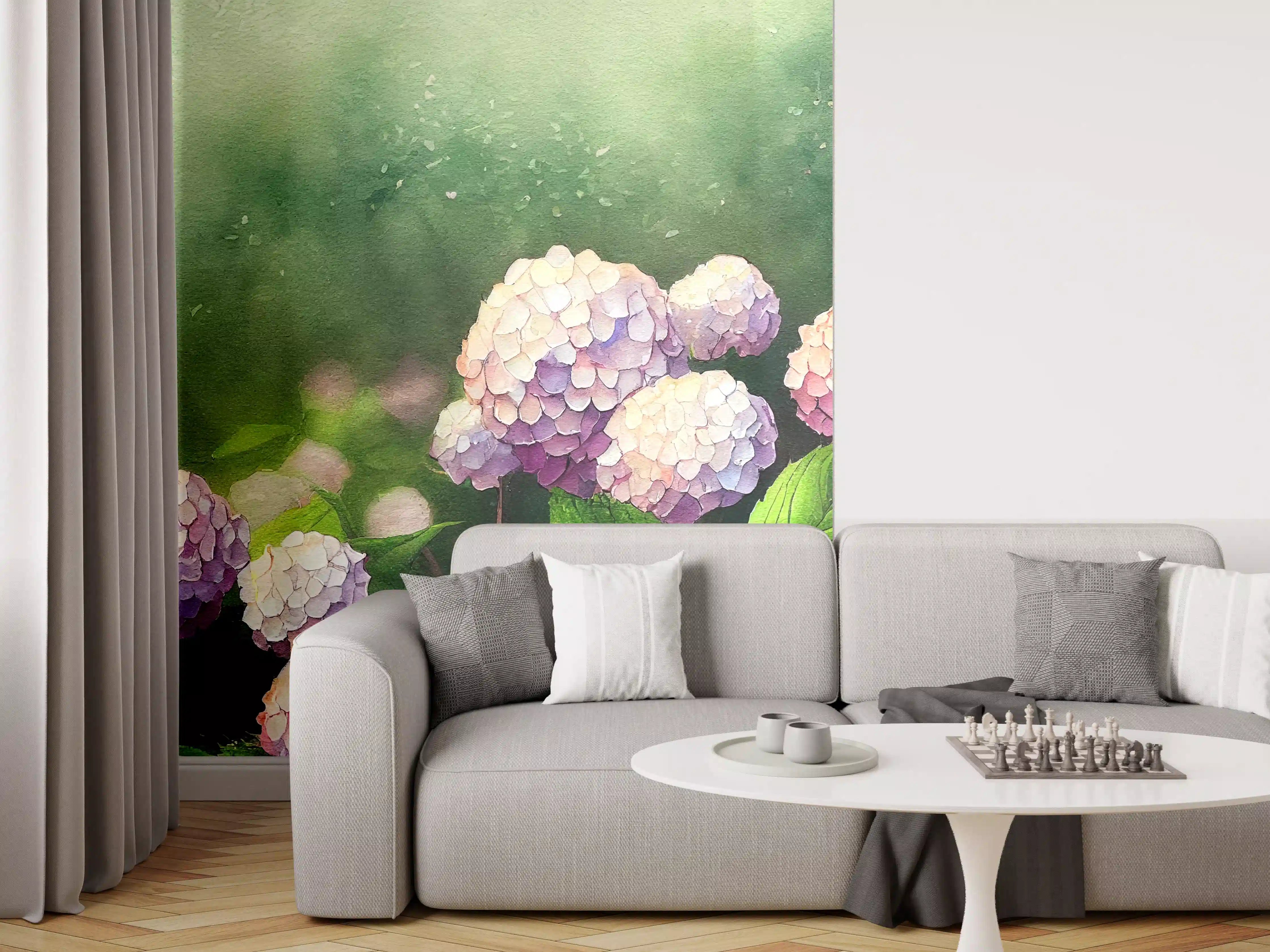 Wandverkleidung Wohnzimmer - Sanfte Hortensien in pastellfarben