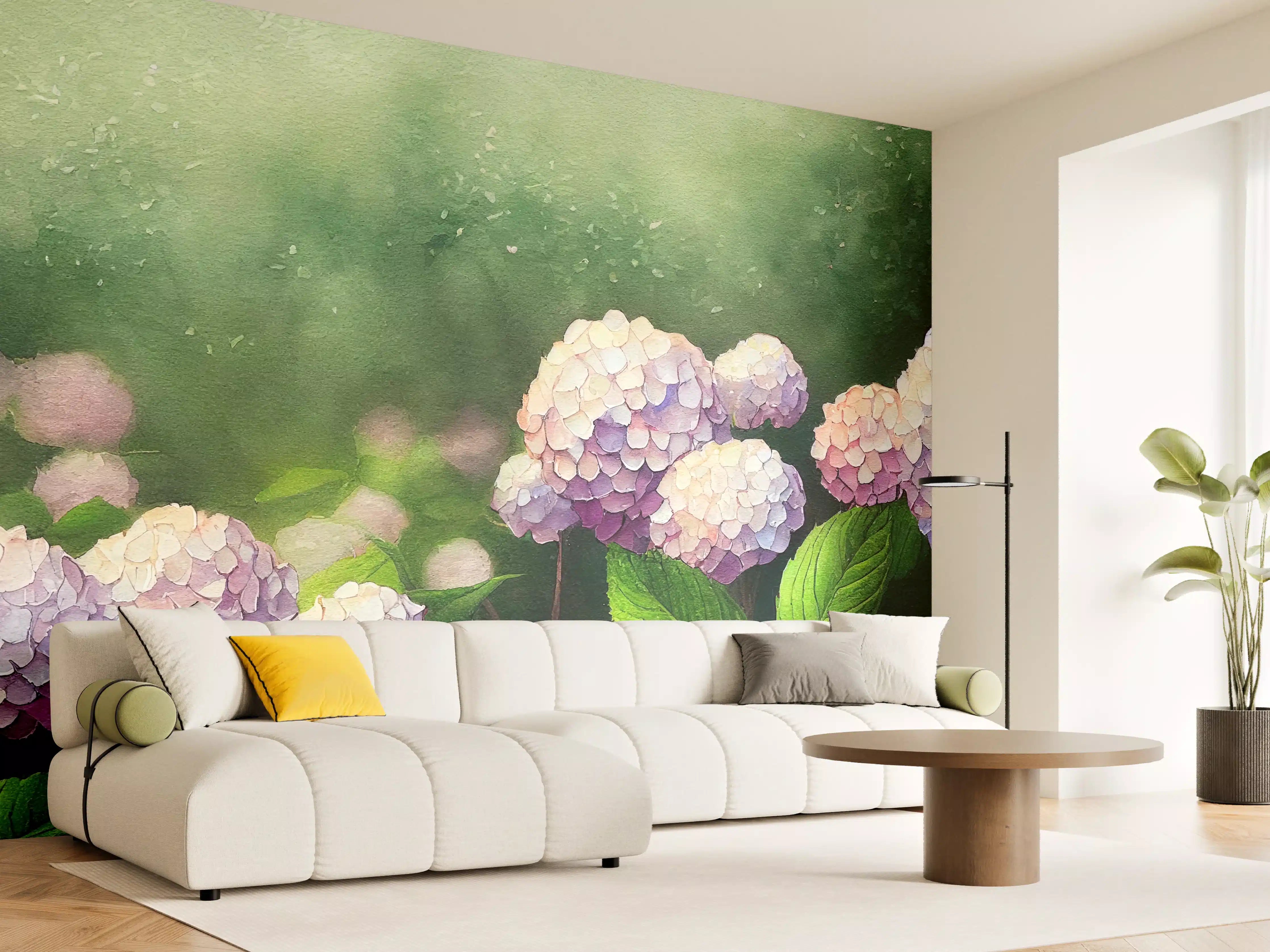 Wandverkleidung Wohnzimmer - Sanfte Hortensien in pastellfarben