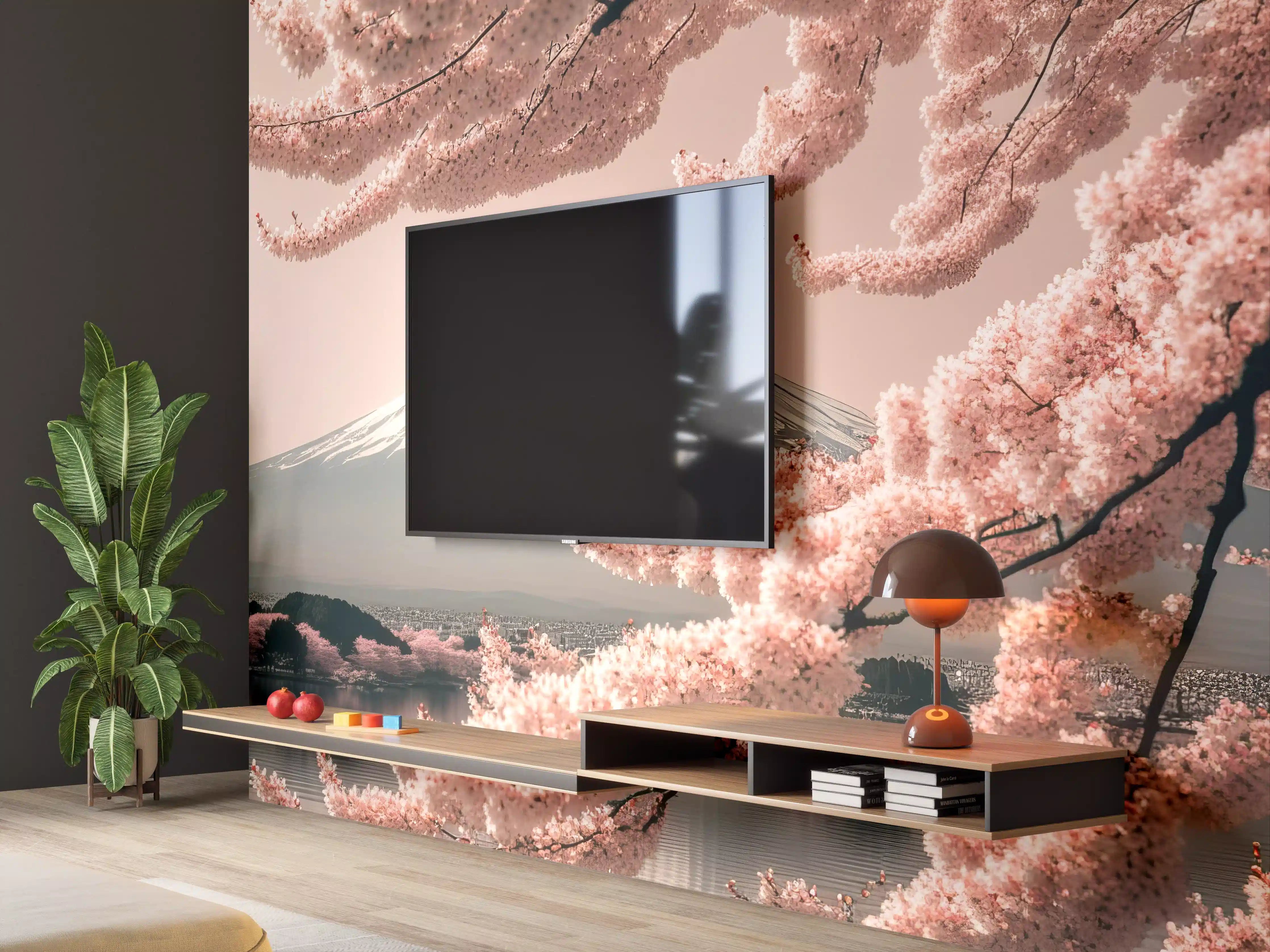 Wandverkleidung Wohnzimmer - Sanfte Kirschblüten mit Mount Fuji im Hintergrund