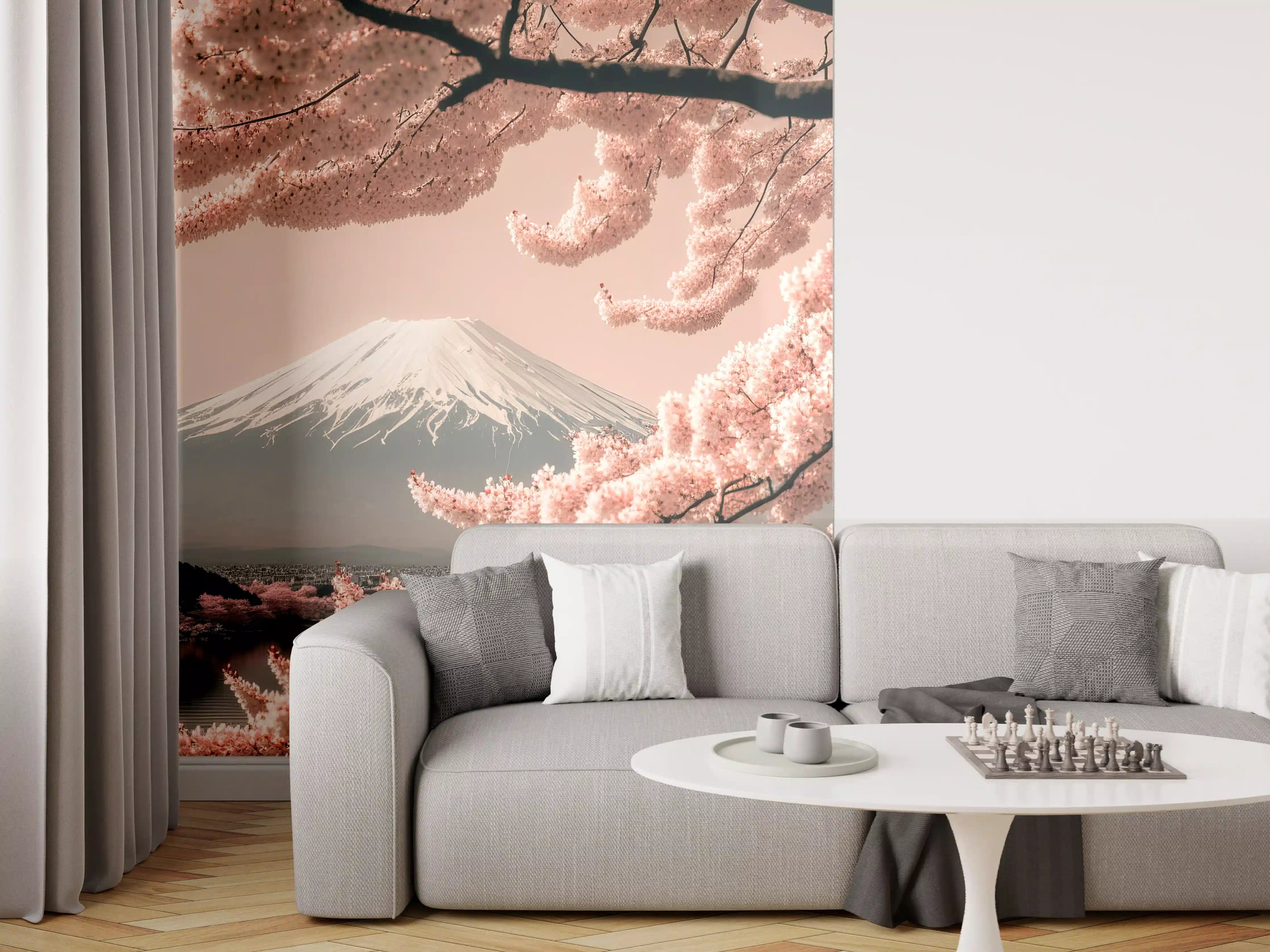 Wandverkleidung Wohnzimmer - Sanfte Kirschblüten mit Mount Fuji im Hintergrund