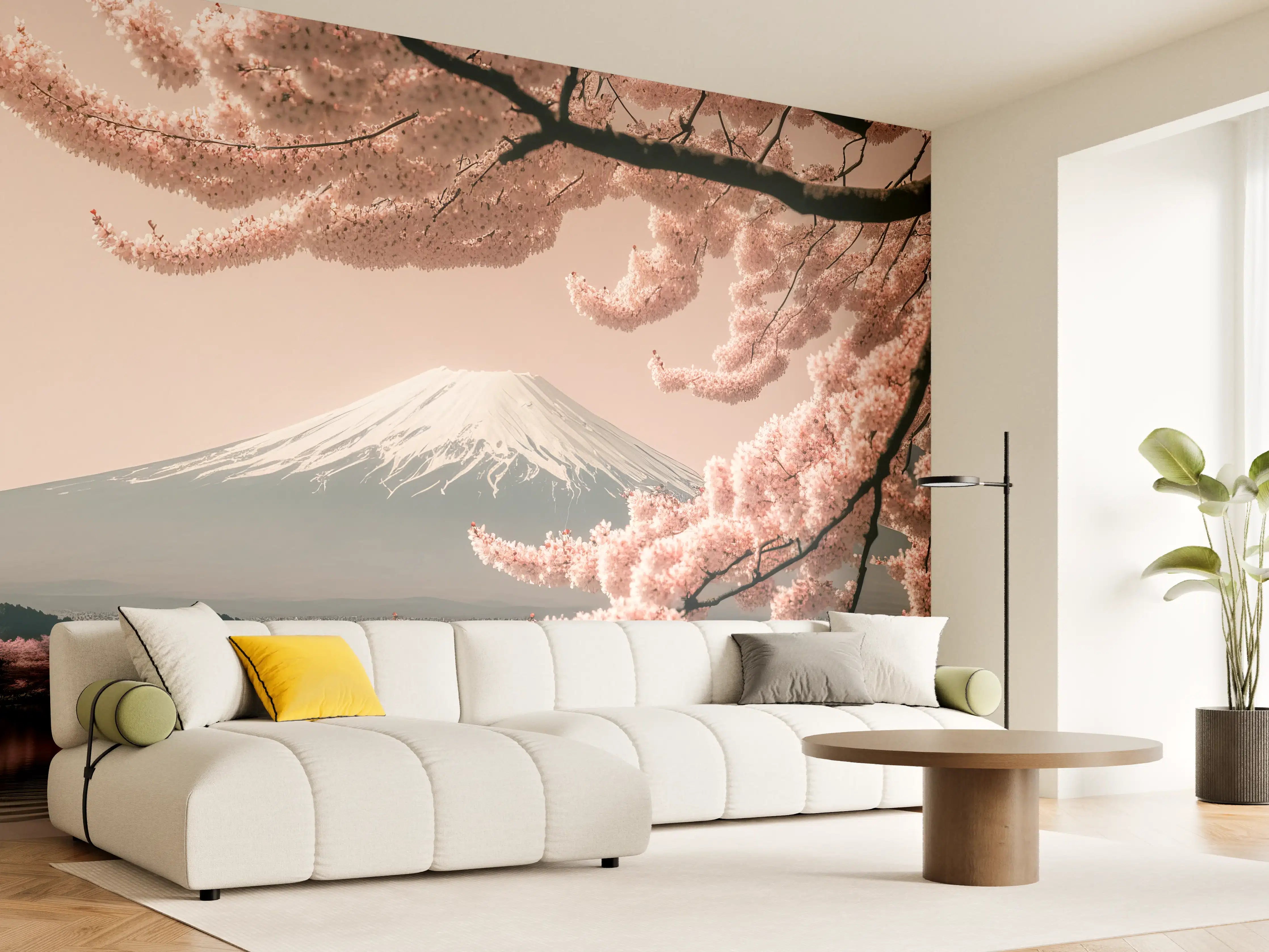 Wandverkleidung Wohnzimmer - Sanfte Kirschblüten mit Mount Fuji im Hintergrund