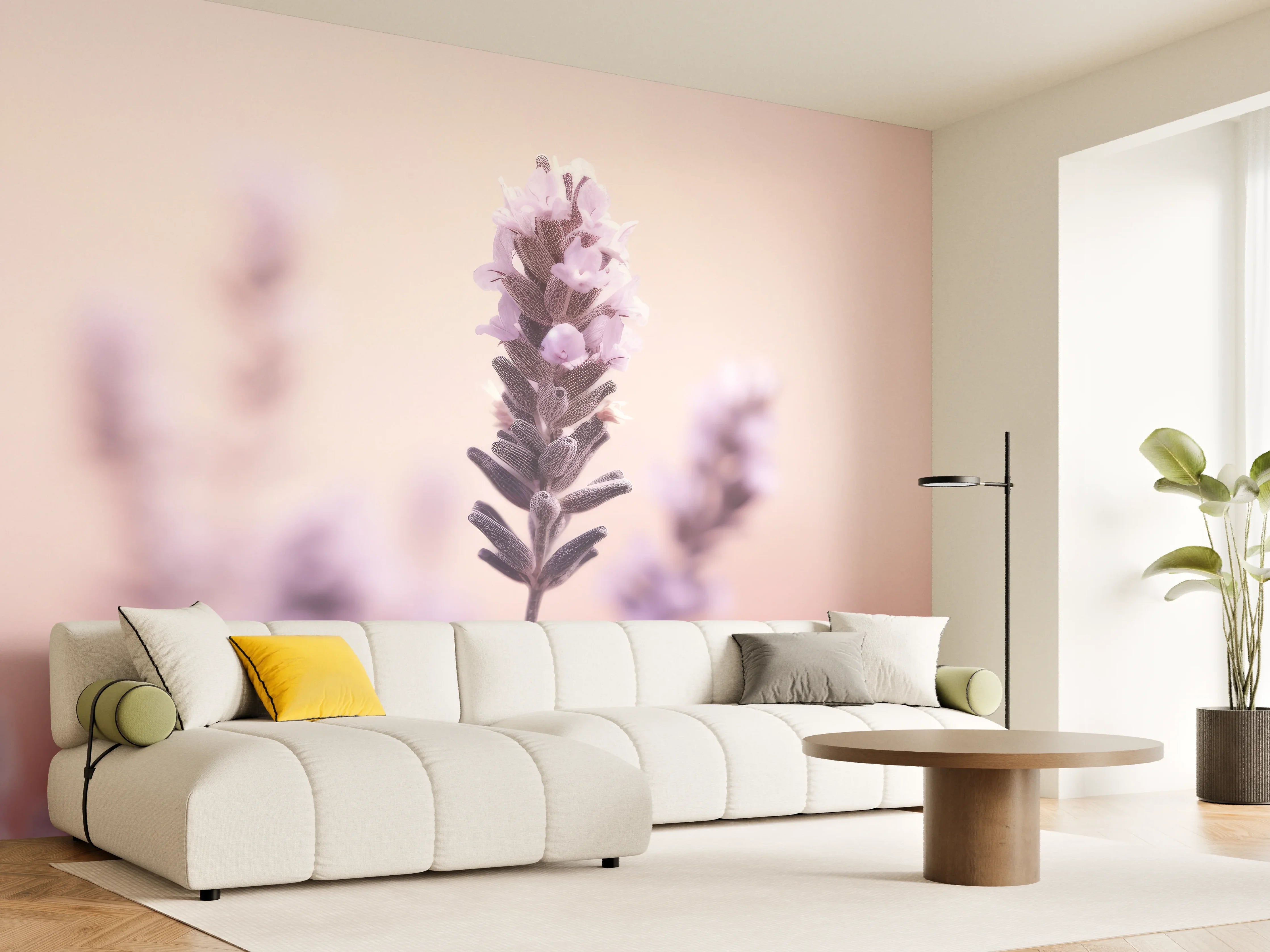 Wandverkleidung Wohnzimmer - Sanfte Lavendelblüte in Pastellfarben