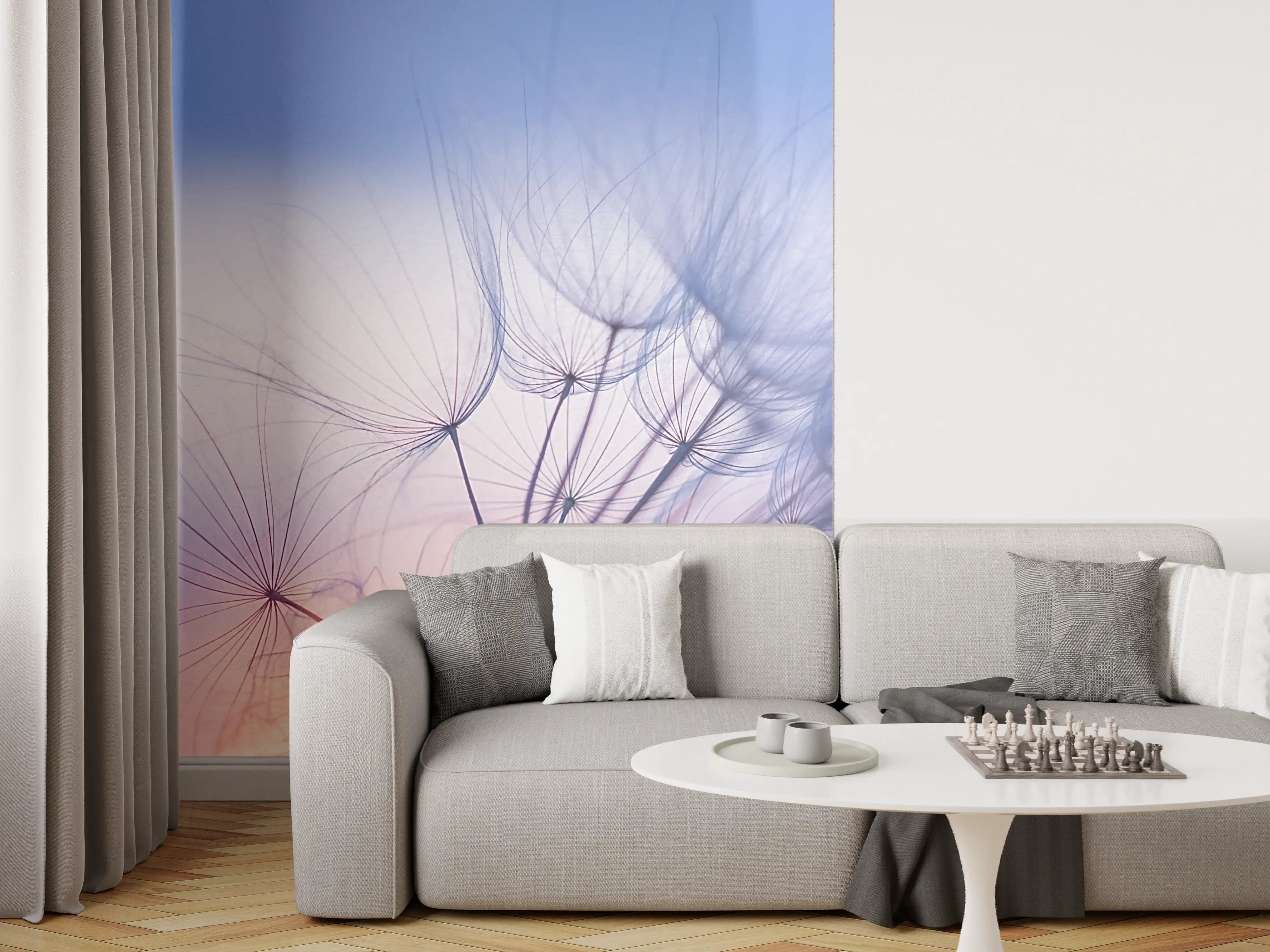 Wandverkleidung Wohnzimmer - Sanfte Luftaufnahme eines Pusteblaues bei Sonnenuntergang