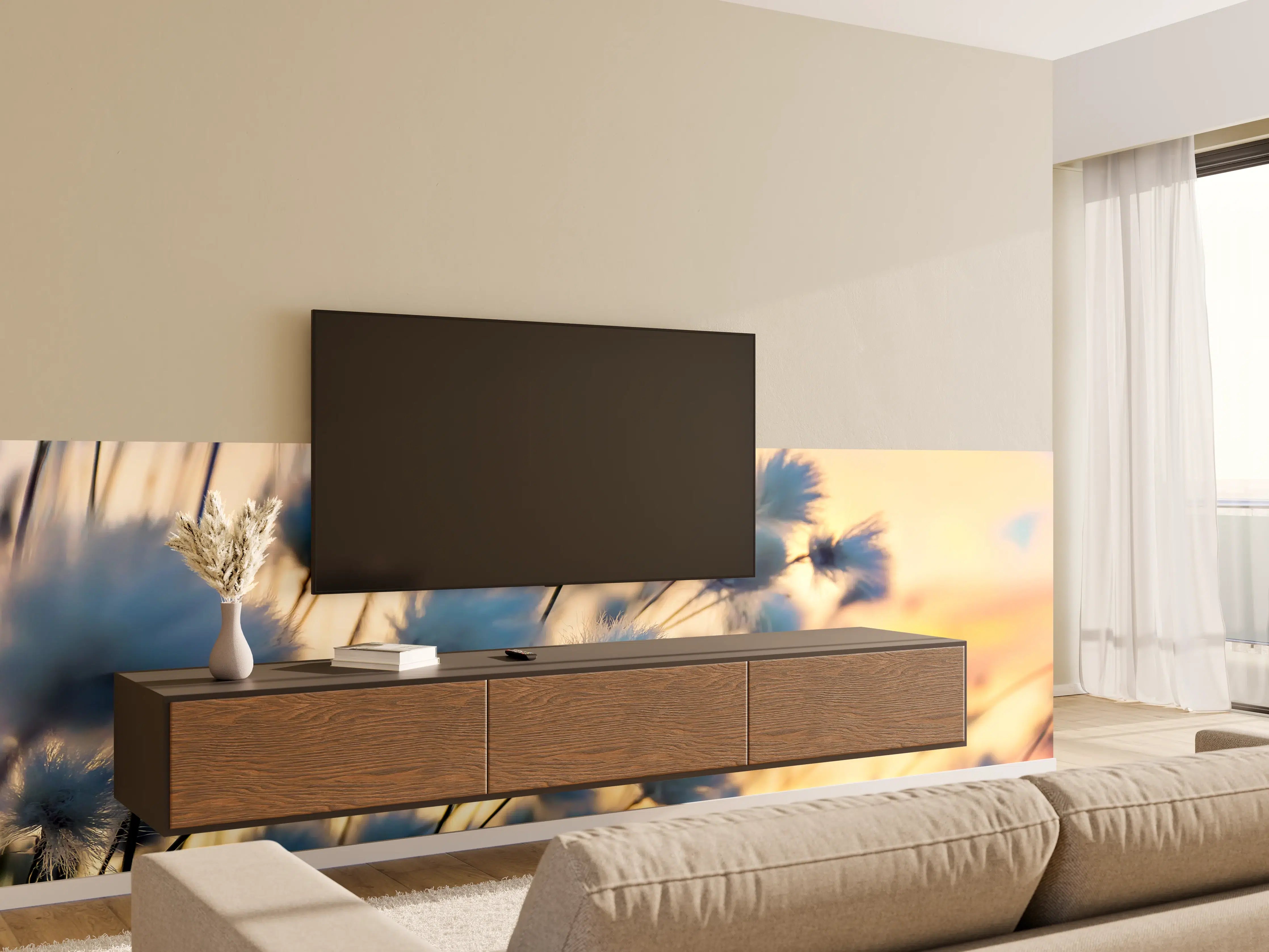 Wandverkleidung Wohnzimmer - Sanfte Naturkulisse bei Sonnenuntergang