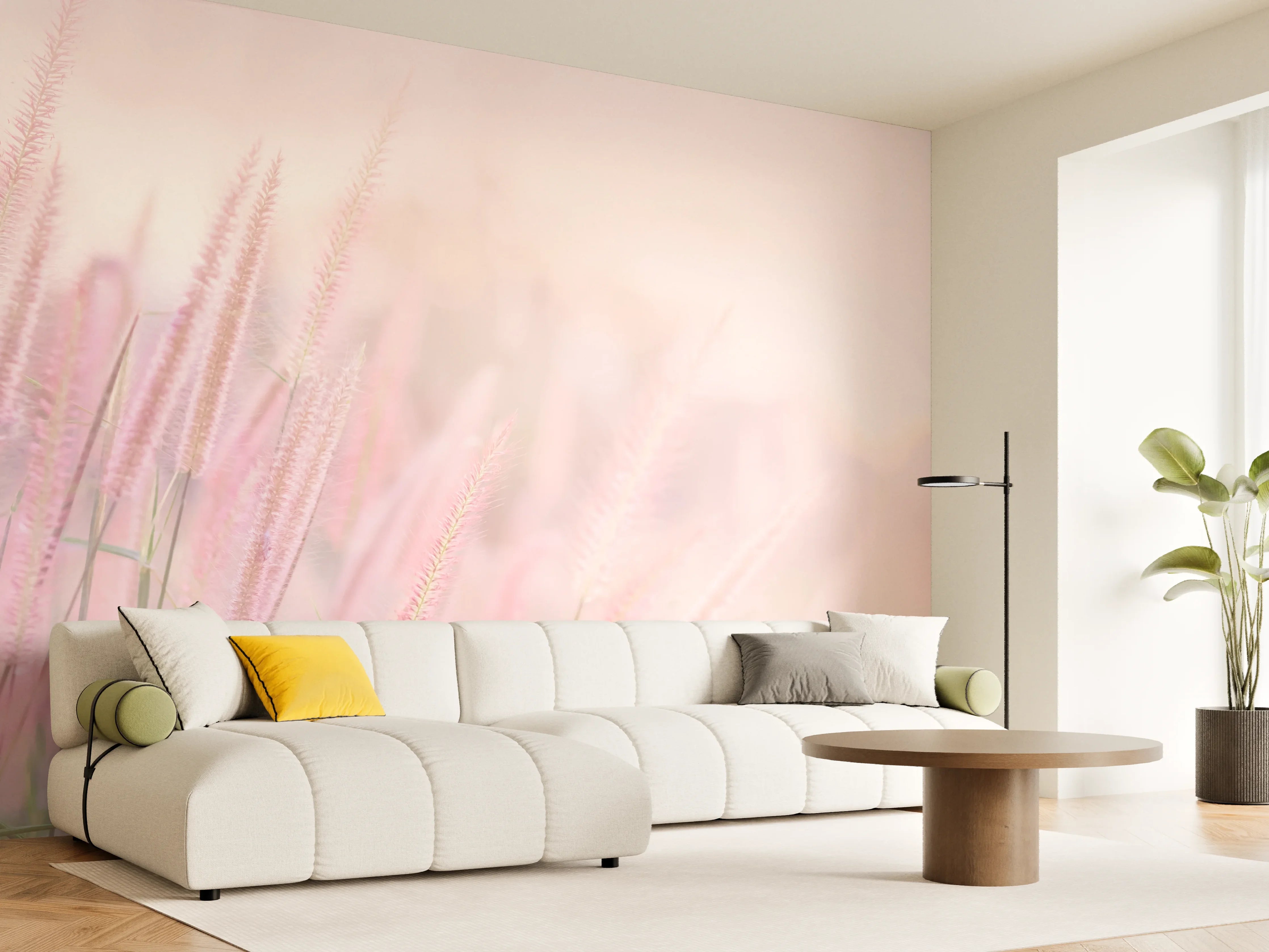 Wandverkleidung Wohnzimmer - Sanfte Pastellblumen im Sonnenlicht