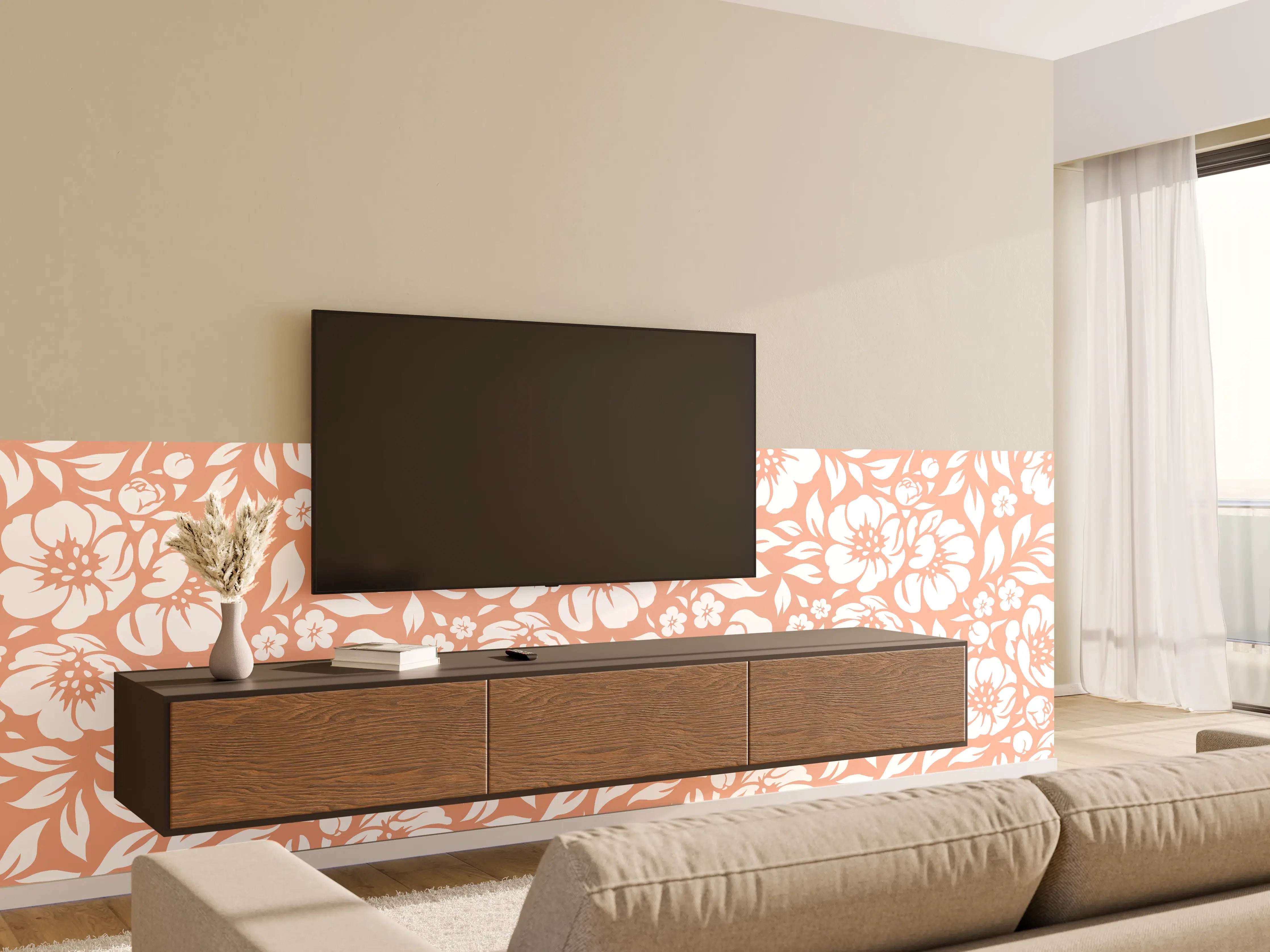 Wandverkleidung Wohnzimmer - Sanfte Pastellblumen in Grau- und Weißtönen