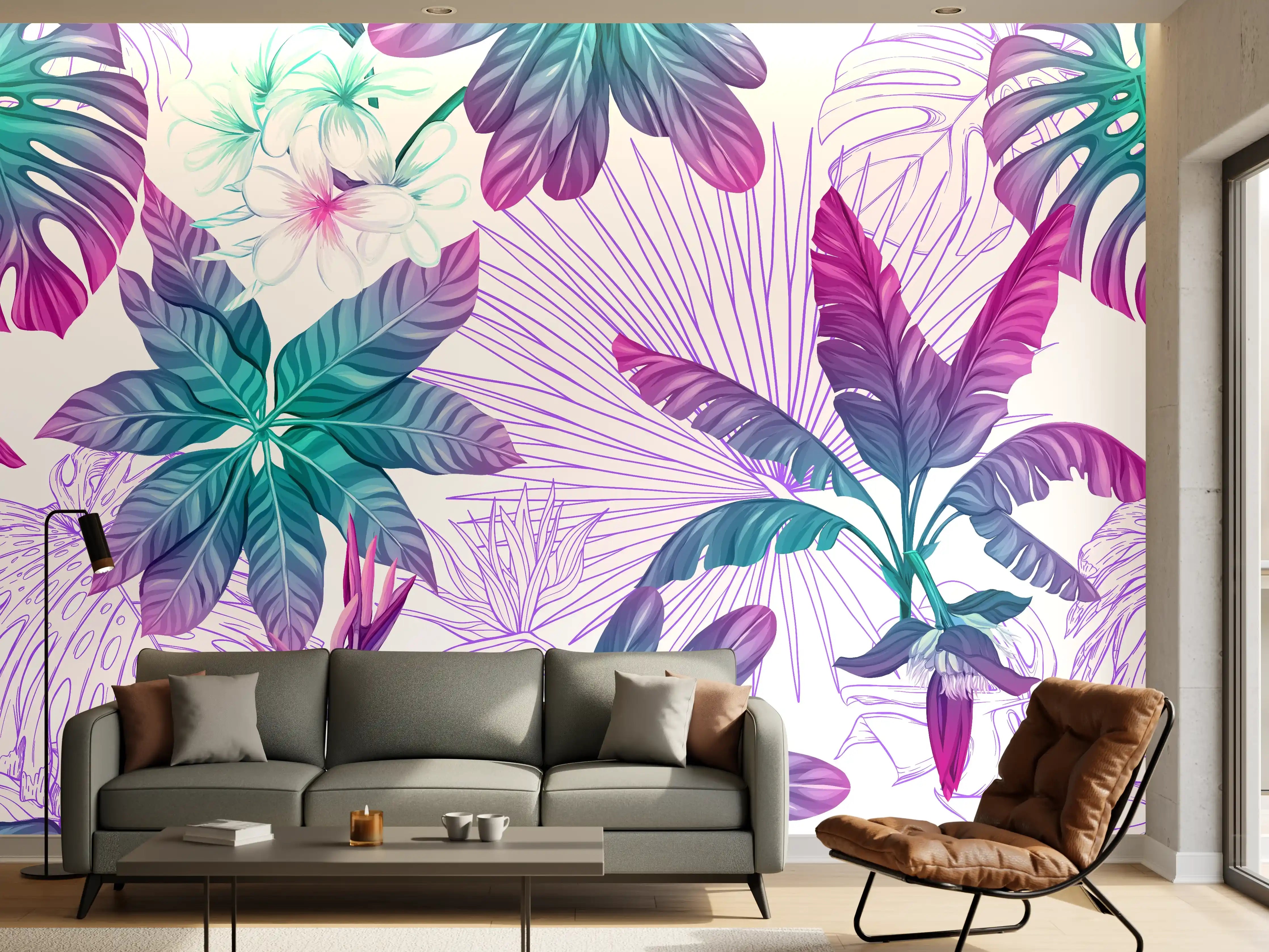 Wandverkleidung Wohnzimmer - Sanfte Pastellblumen mit Grautönen