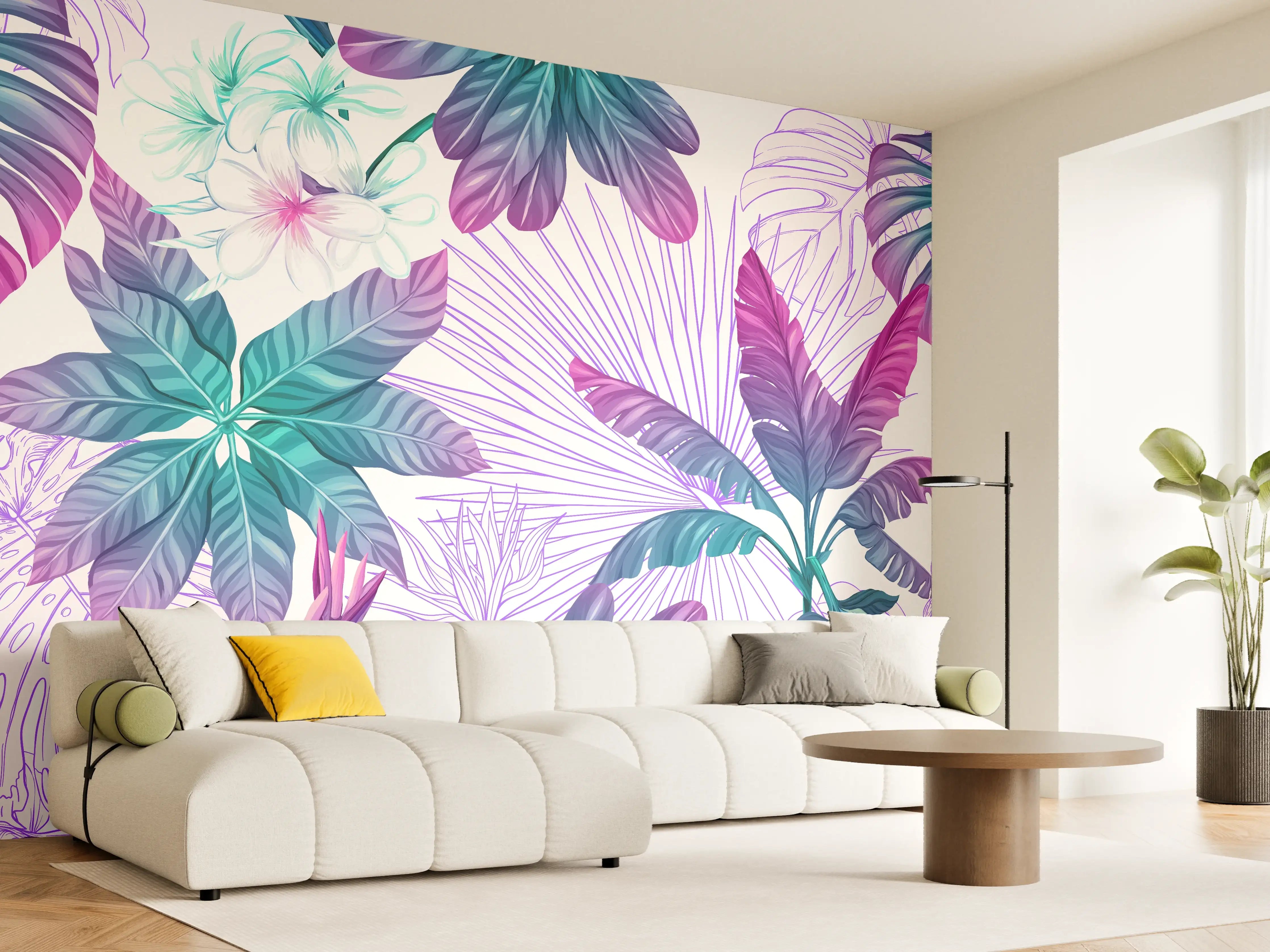 Wandverkleidung Wohnzimmer - Sanfte Pastellblumen mit Grautönen