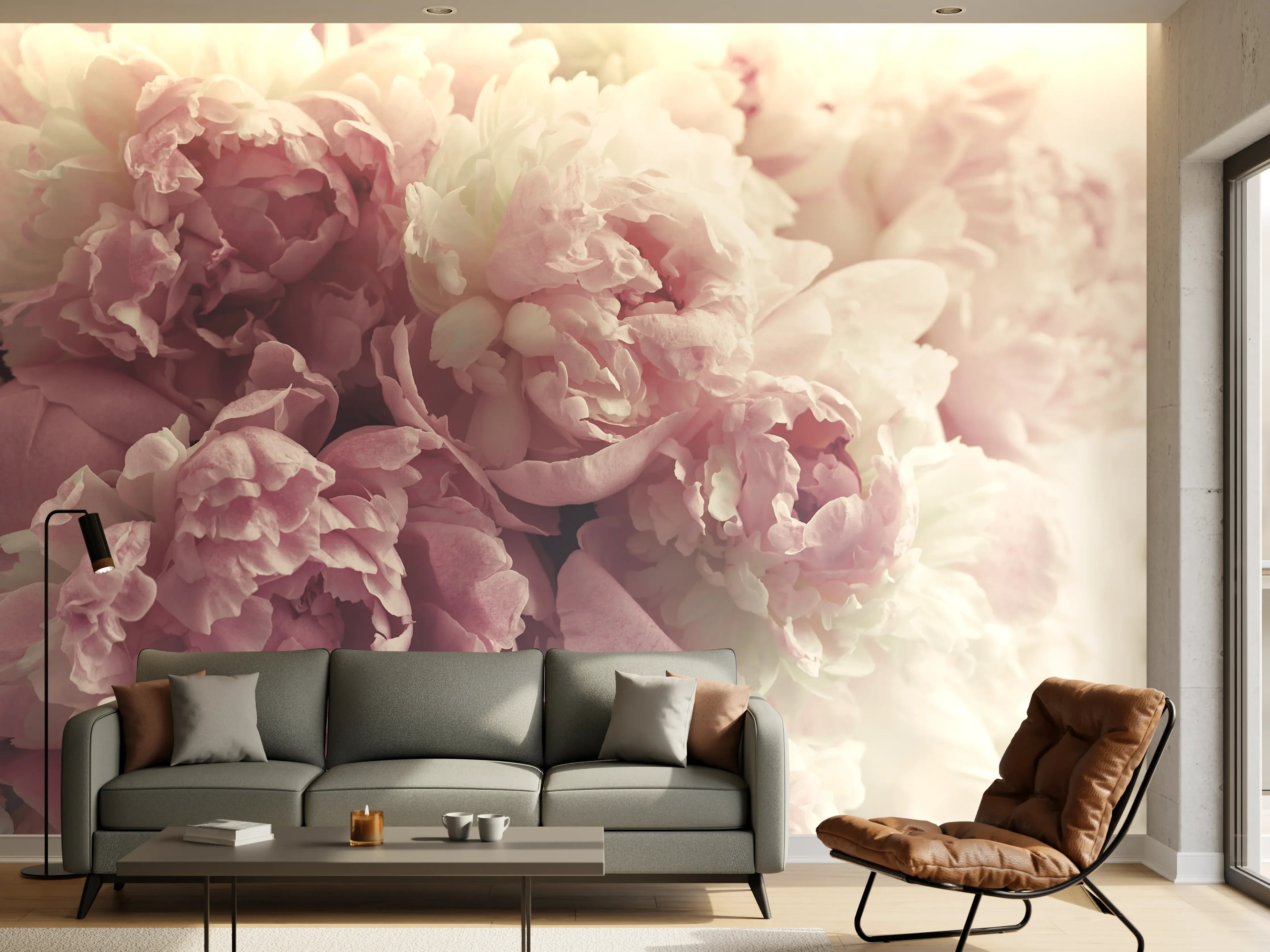 Wandverkleidung Wohnzimmer - Sanfte Pfingstrosen in zarten Pastellfarben