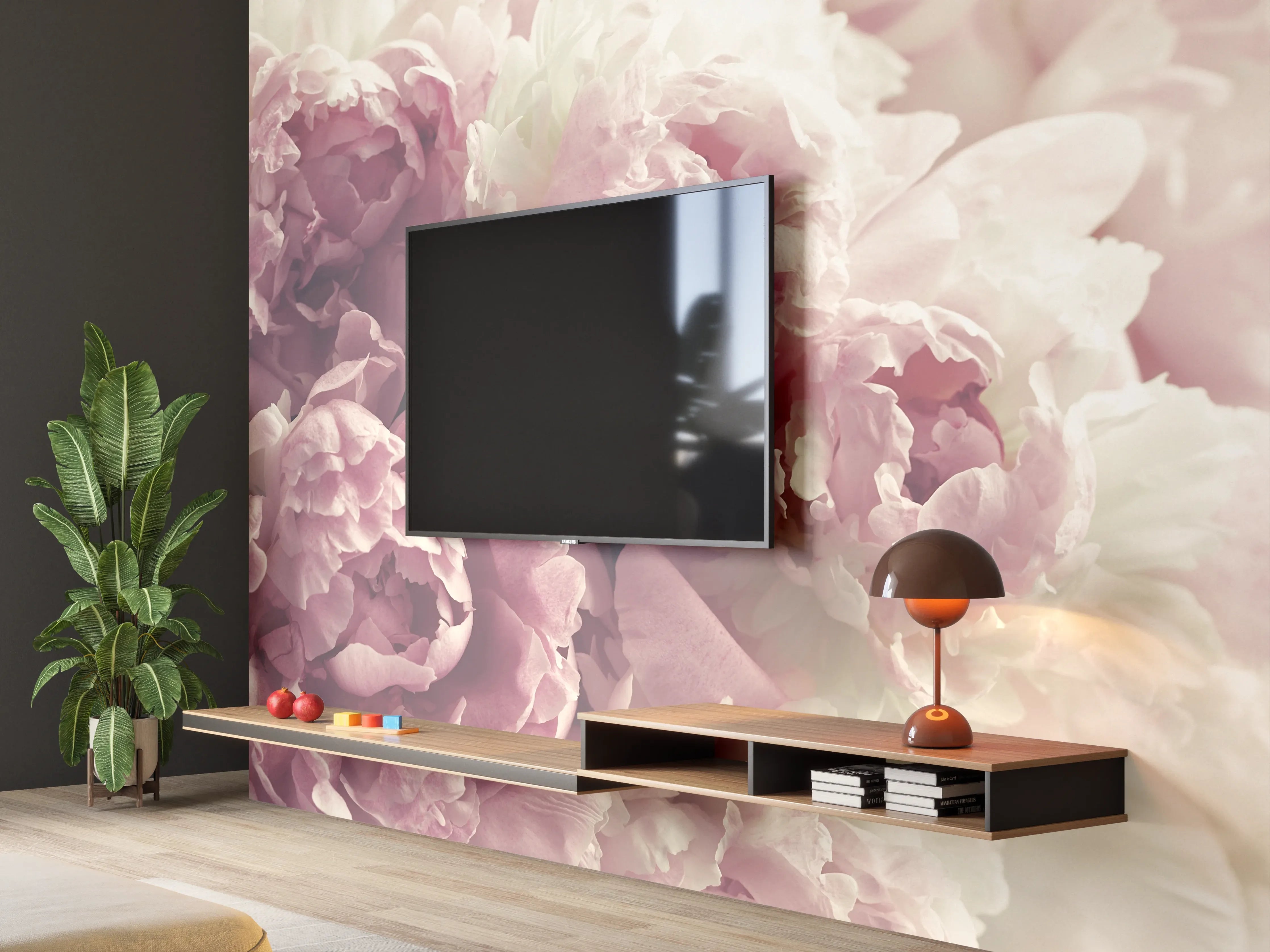 Wandverkleidung Wohnzimmer - Sanfte Pfingstrosen in zarten Pastellfarben