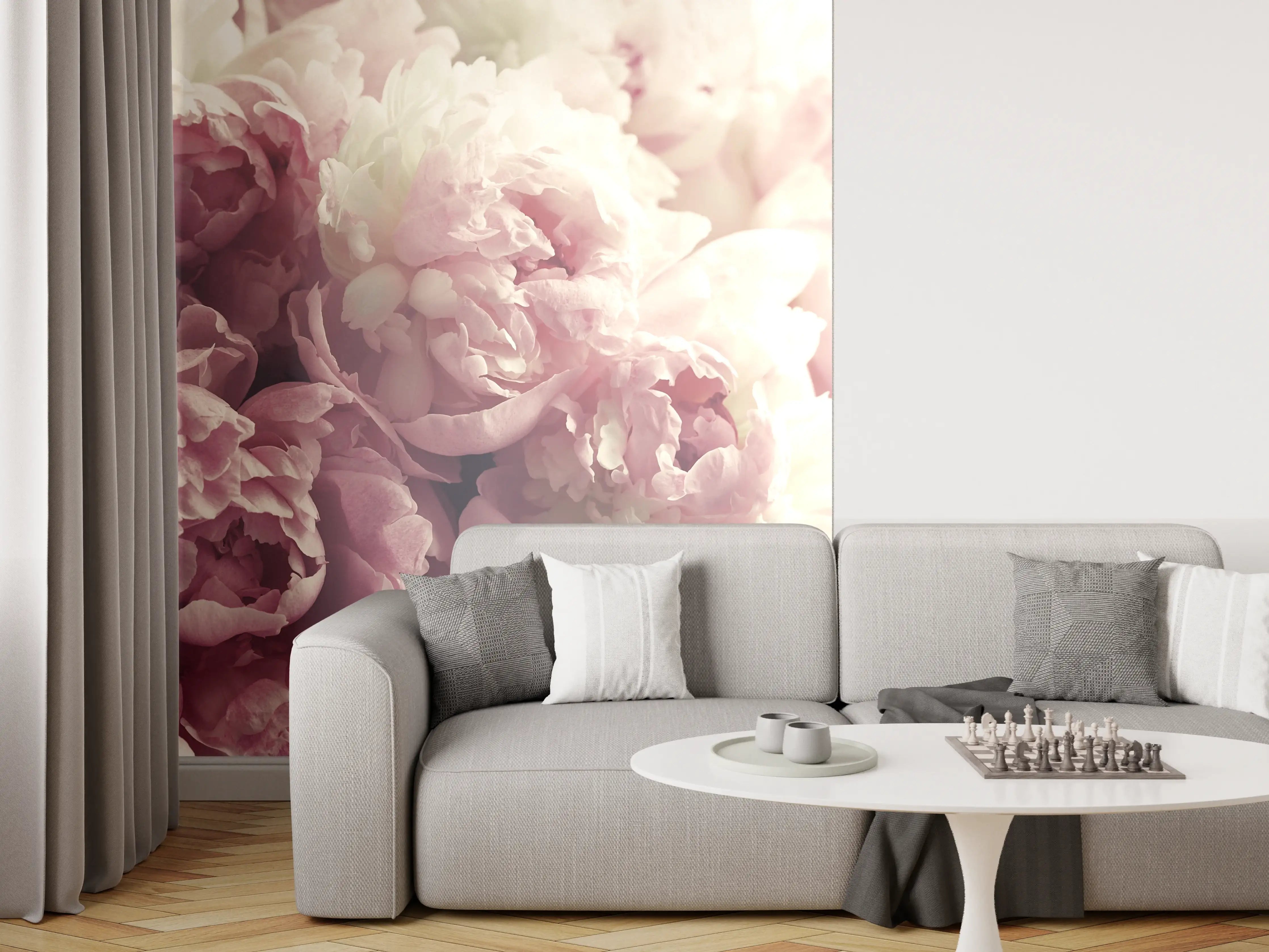 Wandverkleidung Wohnzimmer - Sanfte Pfingstrosen in zarten Pastellfarben
