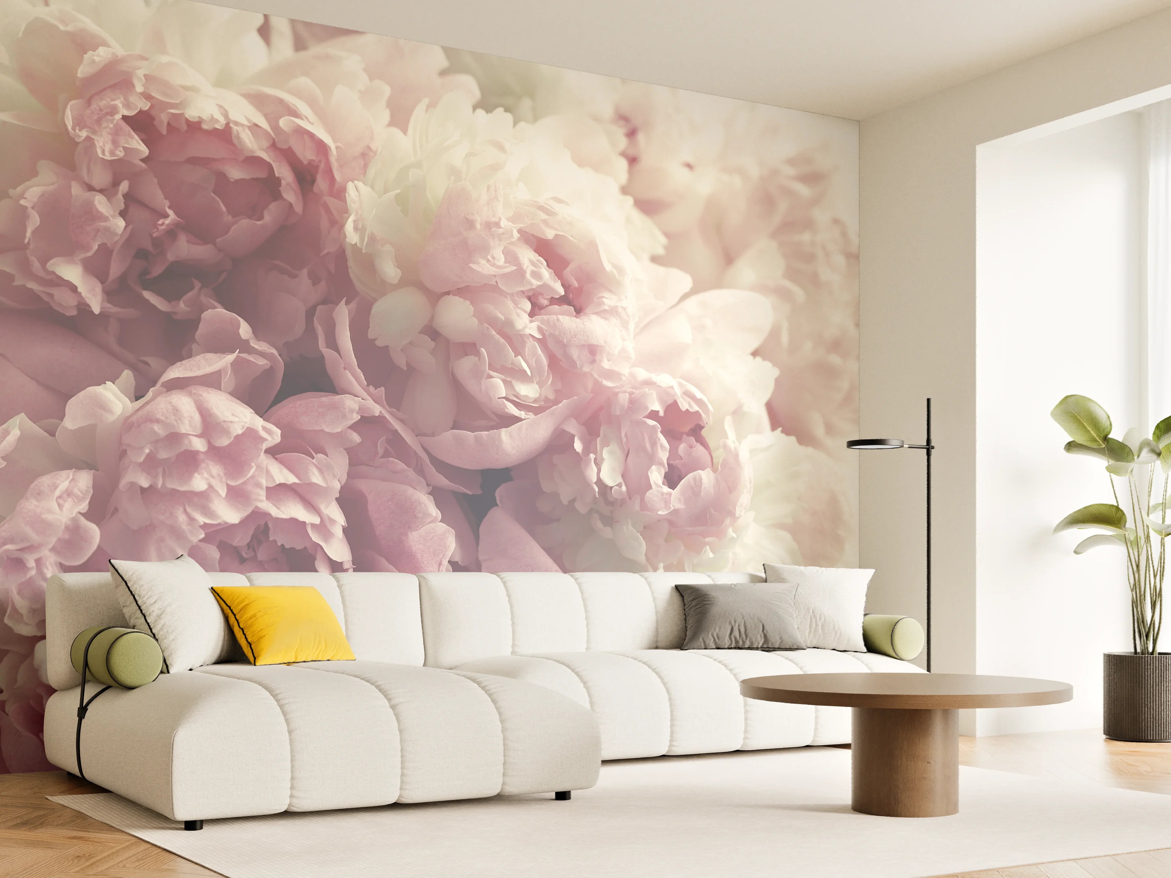 Wandverkleidung Wohnzimmer - Sanfte Pfingstrosen in zarten Pastellfarben
