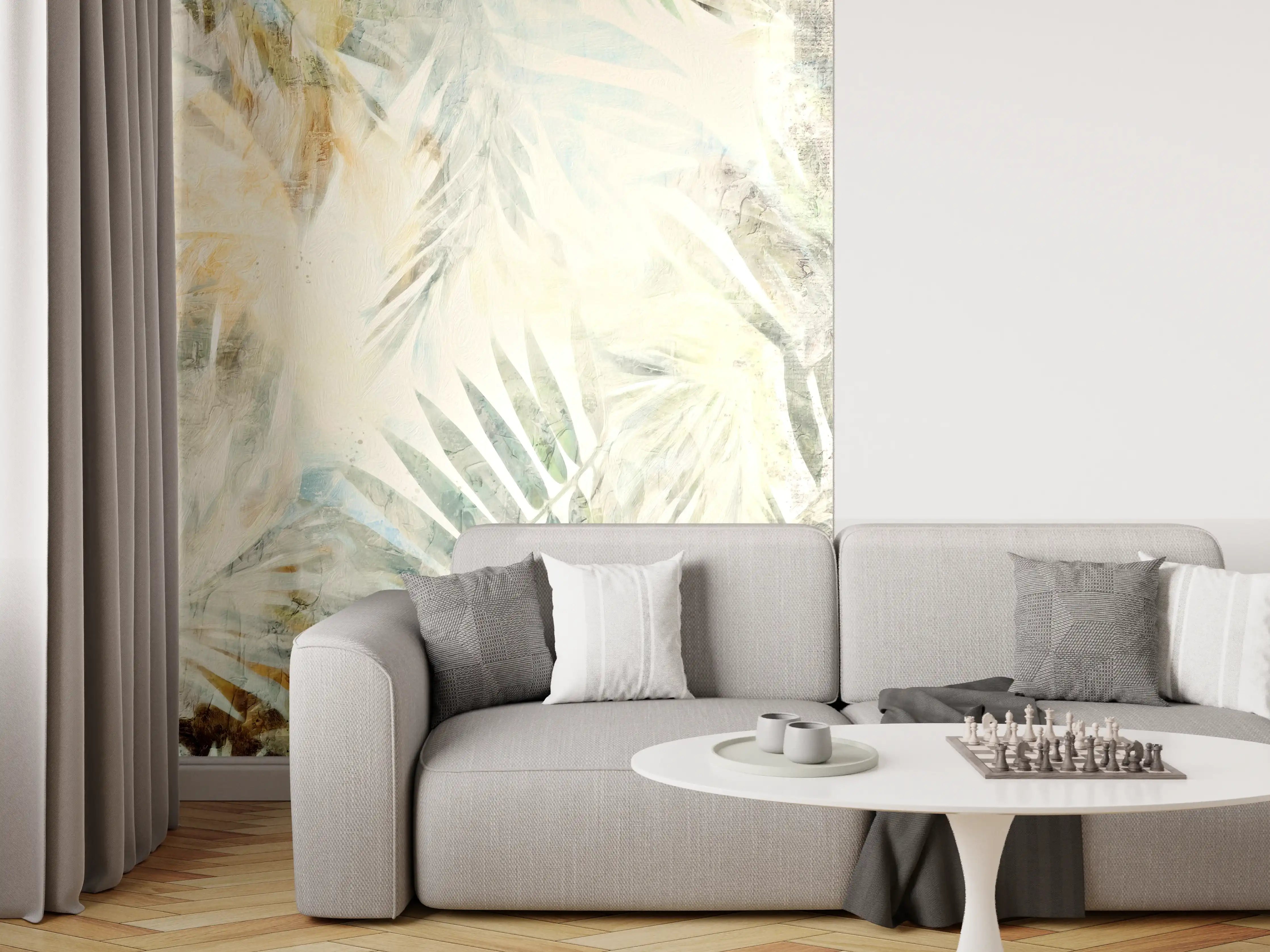 Wandverkleidung Wohnzimmer - Sanfte Pflanzenmuster im Pastellstil