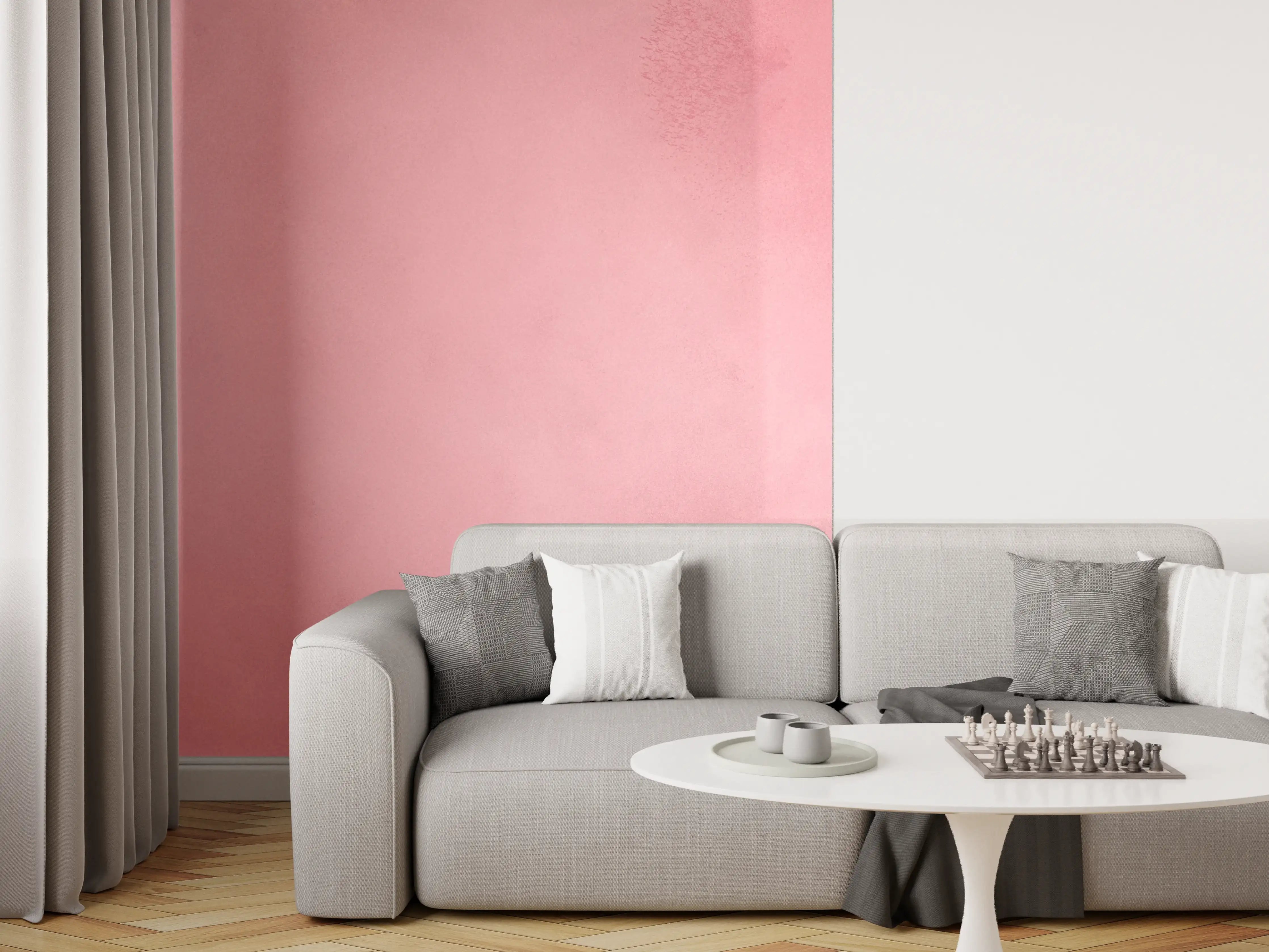 Wandverkleidung Wohnzimmer - Sanfte Pinktöne im Wasserfarben-Design