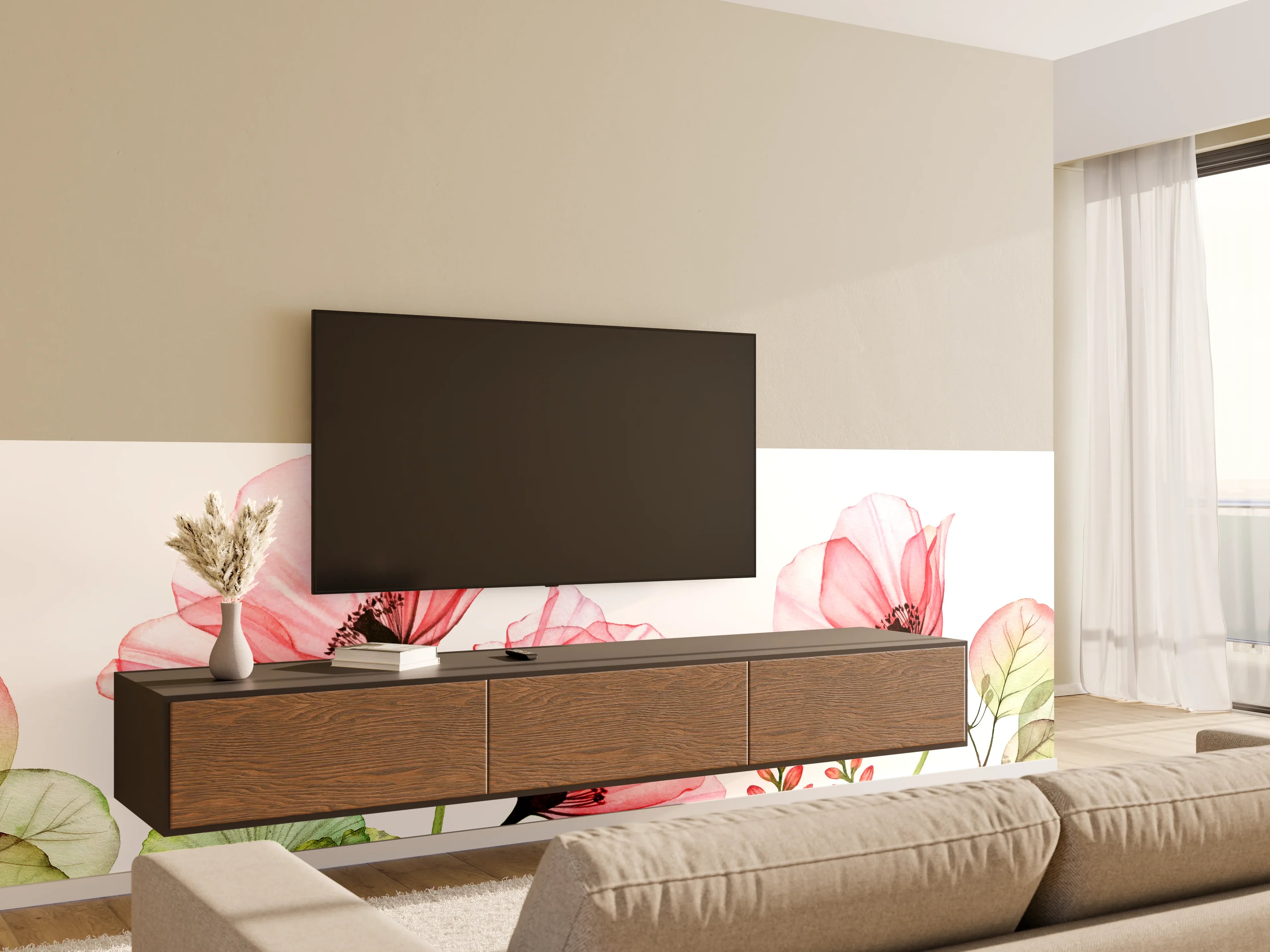 Wandverkleidung Wohnzimmer - Sanfte Wasserfarben Blumenmotive