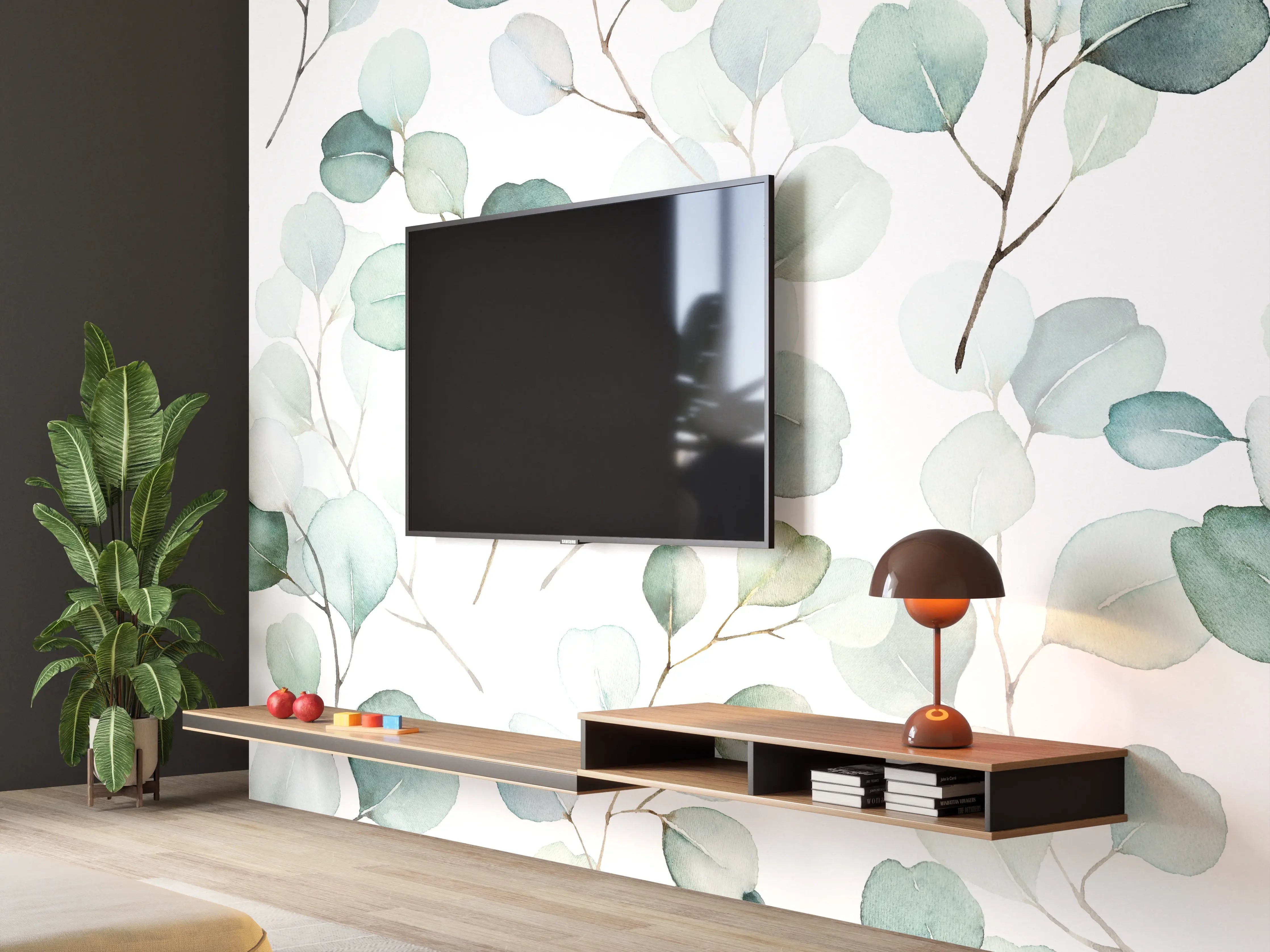 Wandverkleidung Wohnzimmer - Sanfte Wasserfarben Eukalyptusblatt-Muster