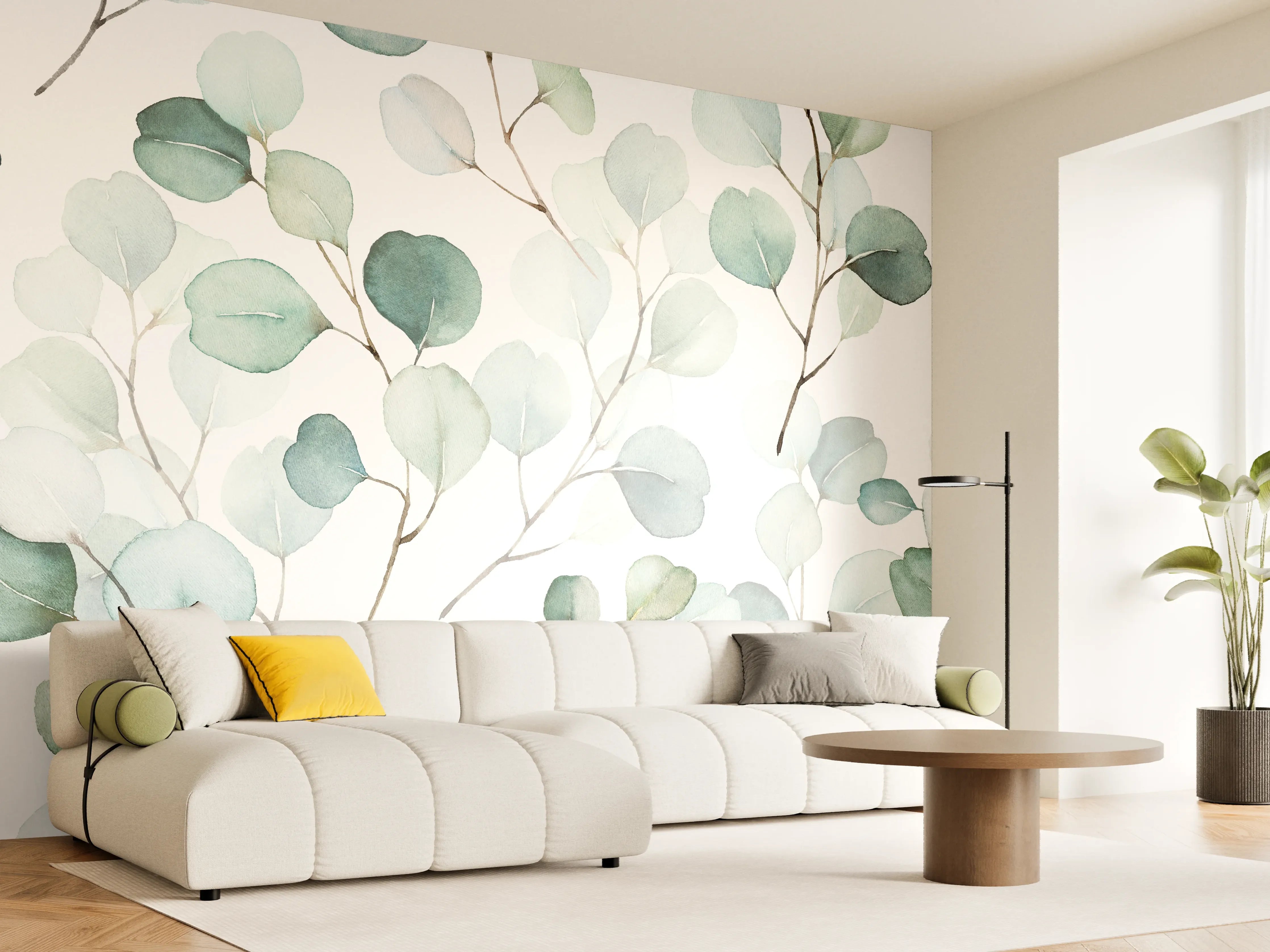 Wandverkleidung Wohnzimmer - Sanfte Wasserfarben Eukalyptusblatt-Muster