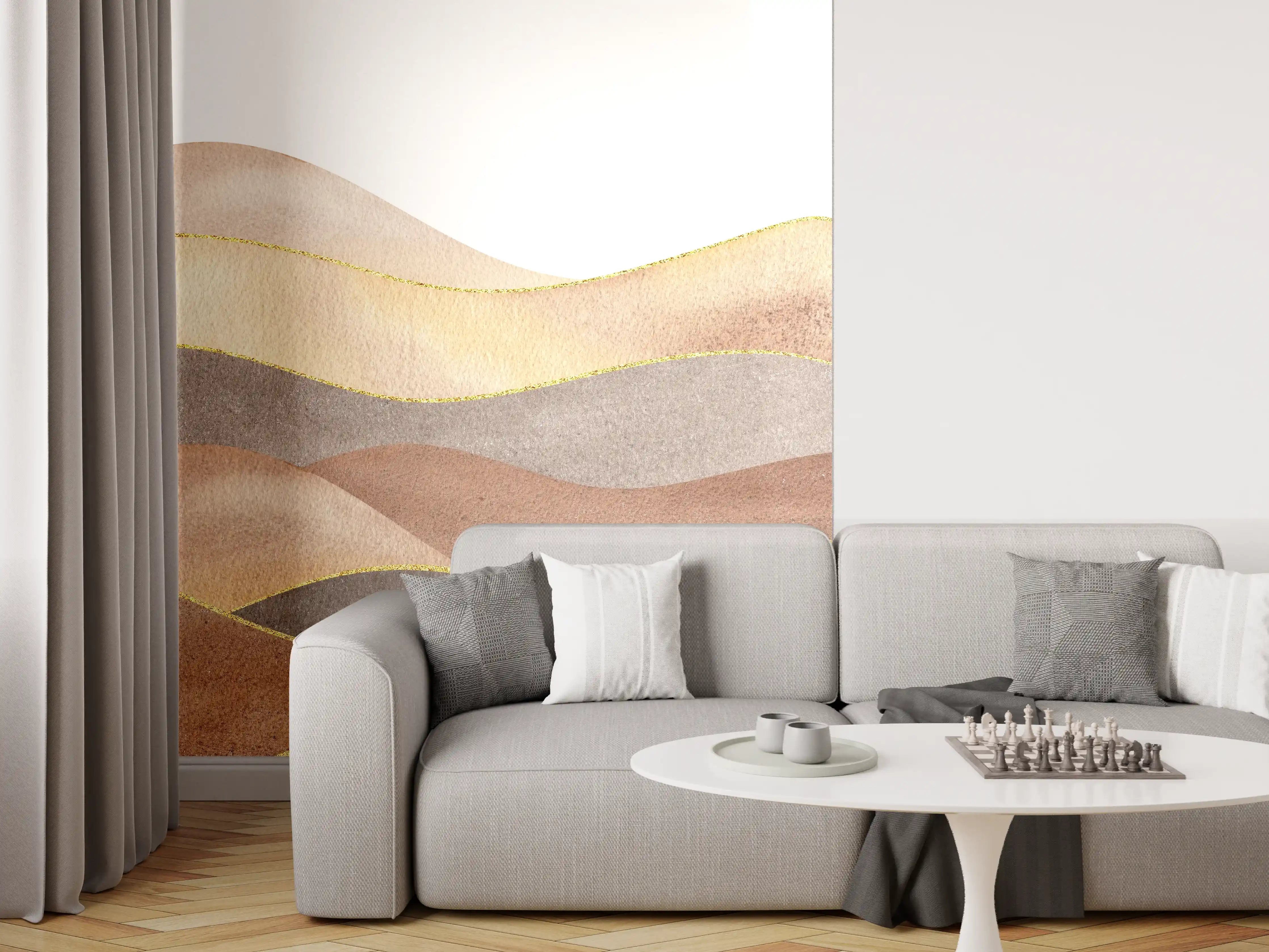 Wandverkleidung Wohnzimmer - Sanfte Wasserfarben-Hügel mit Goldakzenten