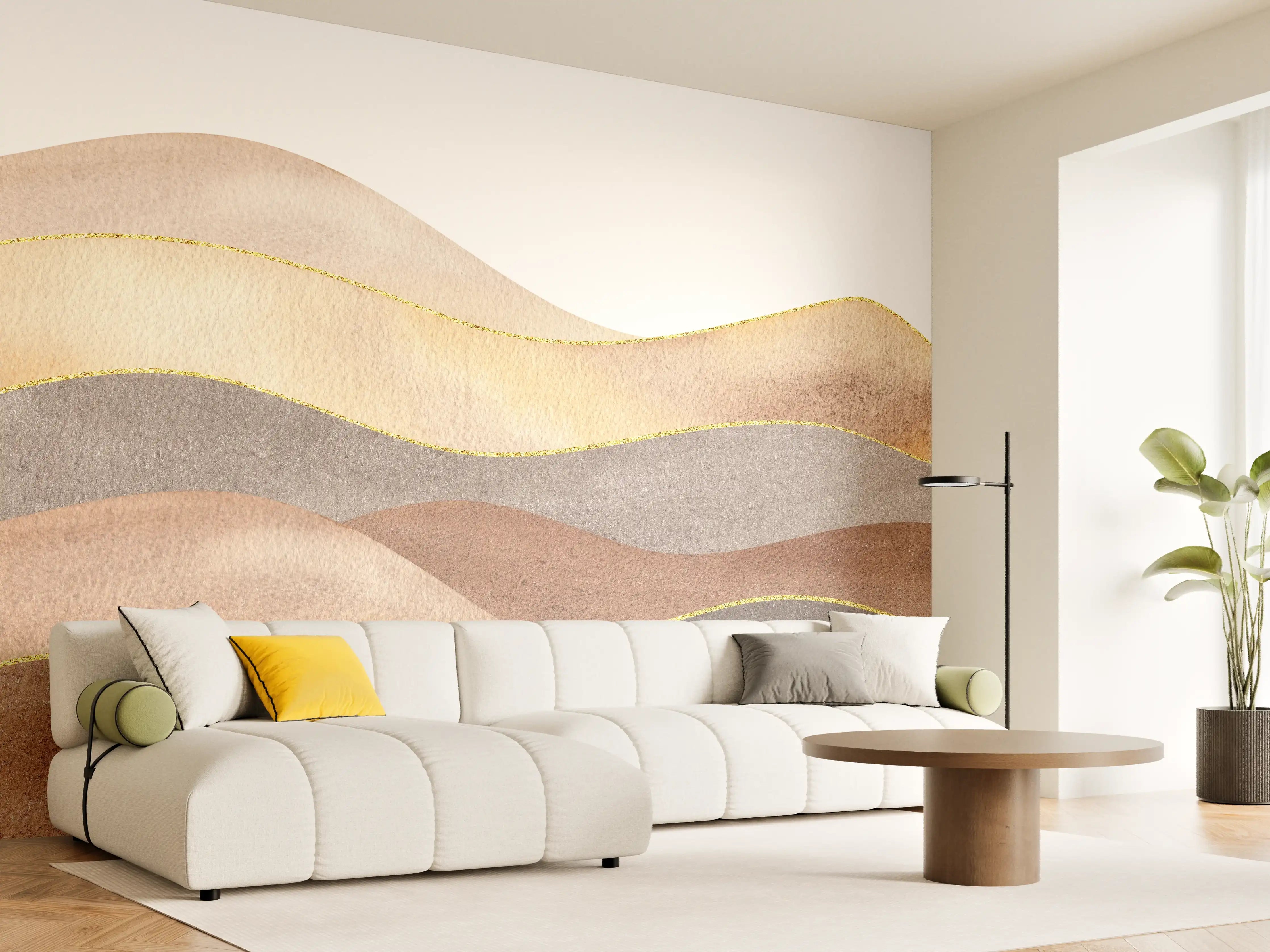 Wandverkleidung Wohnzimmer - Sanfte Wasserfarben-Hügel mit Goldakzenten
