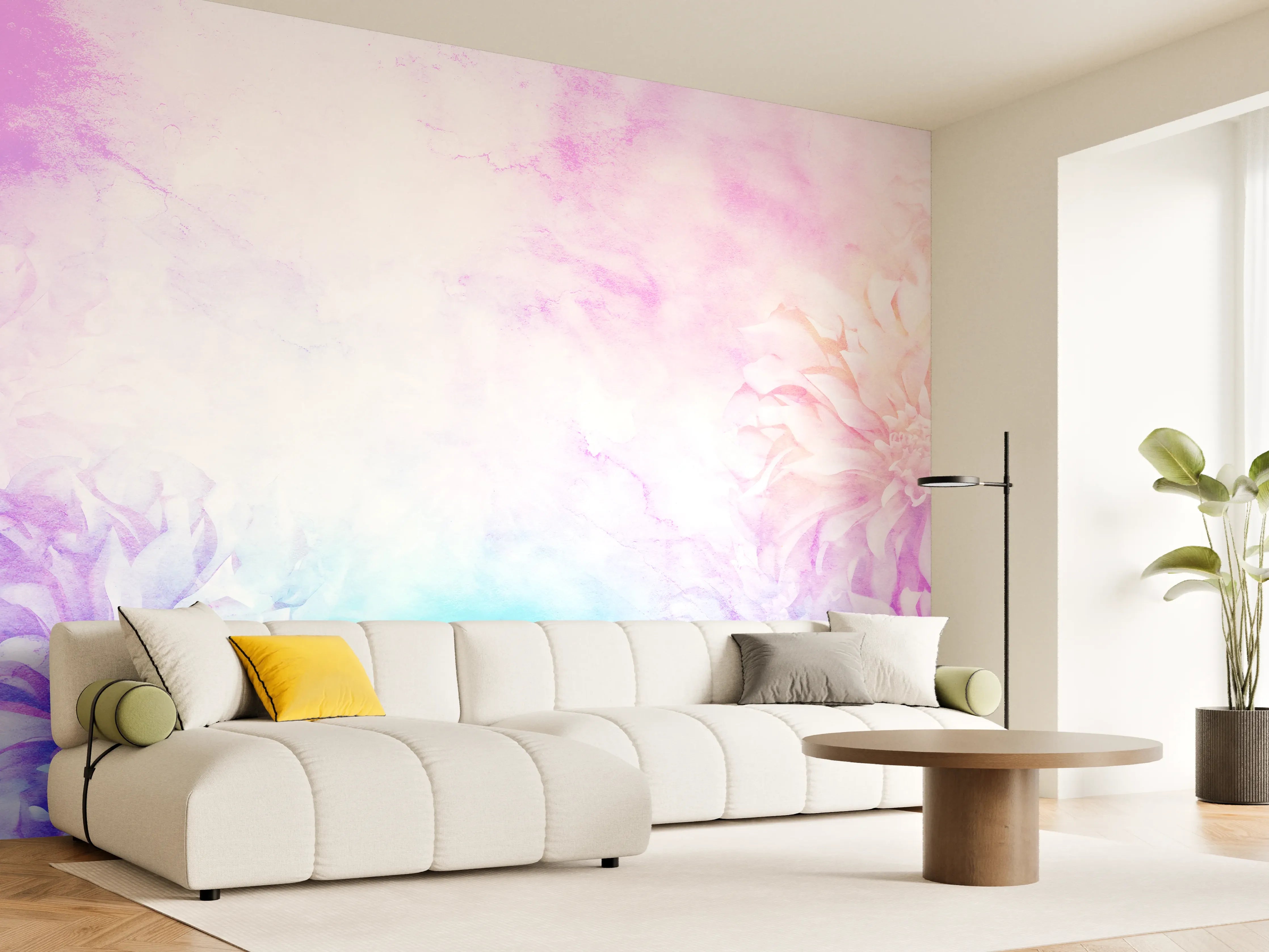 Wandverkleidung Wohnzimmer - Sanfte Wasserfarben mit Blumenmotiven