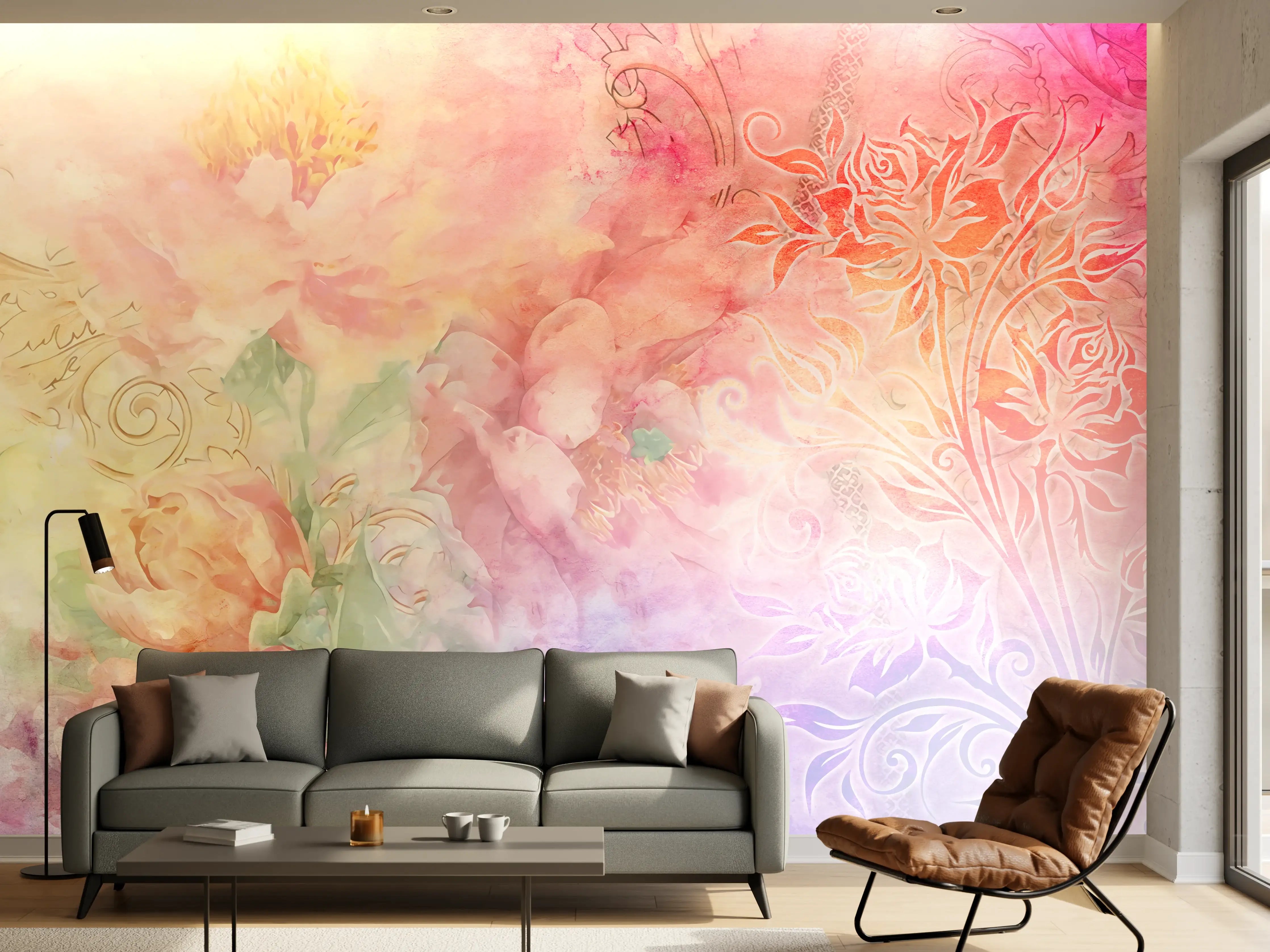 Wandverkleidung Wohnzimmer - Sanfte Wasserfarben mit floralen Details