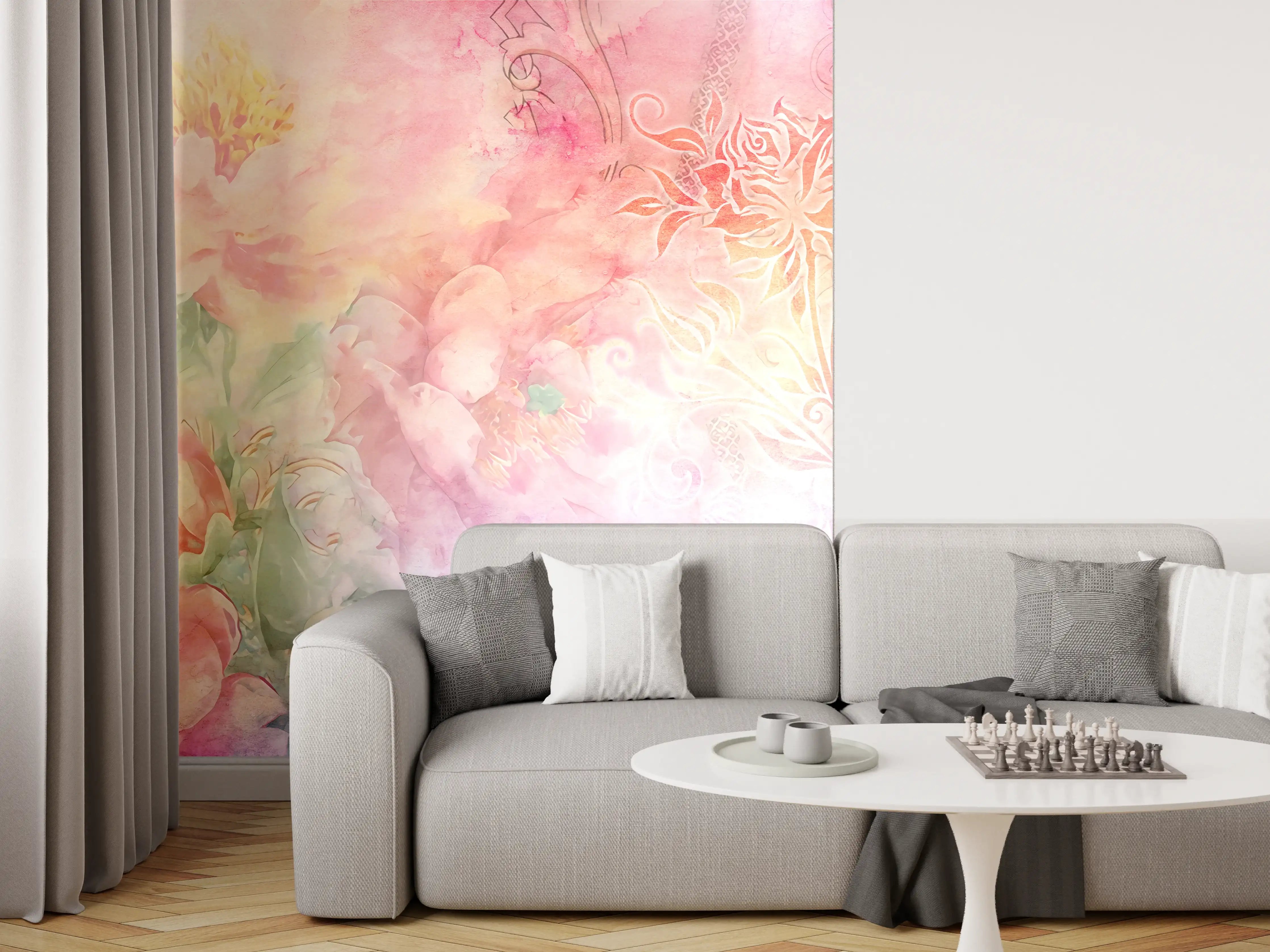Wandverkleidung Wohnzimmer - Sanfte Wasserfarben mit floralen Details