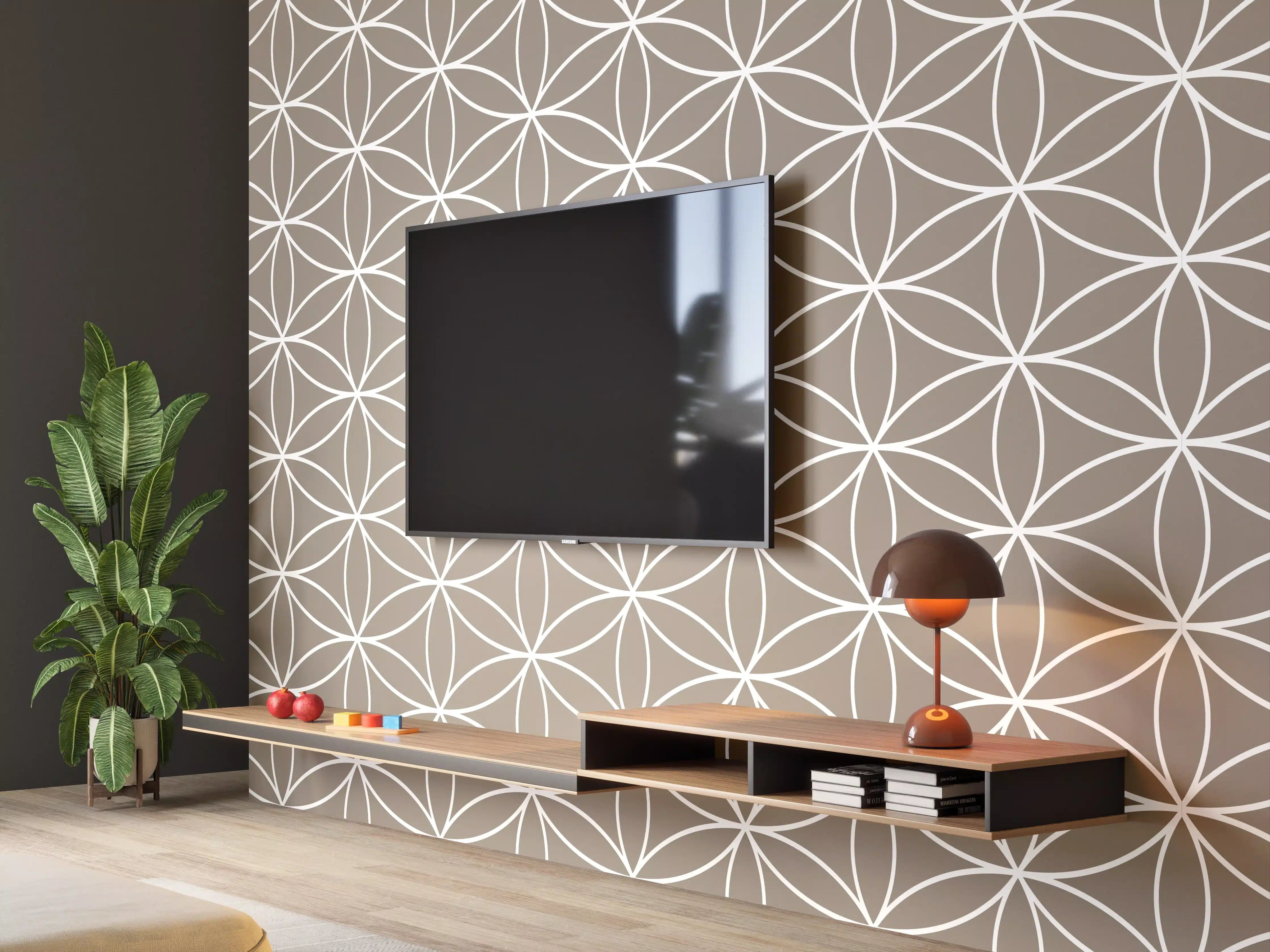 Wandverkleidung Wohnzimmer - Sanfte geometrische Mustertapete in Taupe