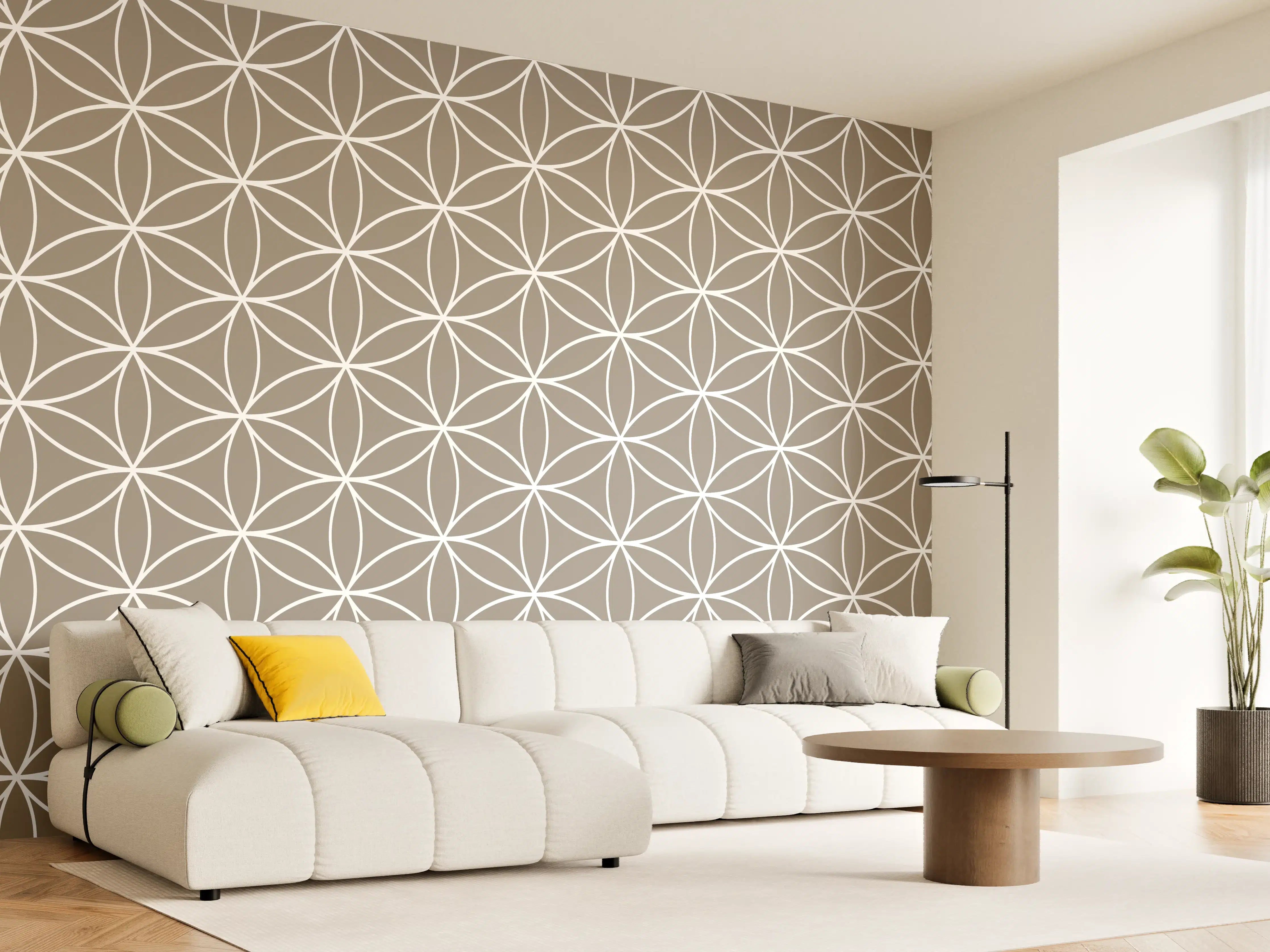 Wandverkleidung Wohnzimmer - Sanfte geometrische Mustertapete in Taupe
