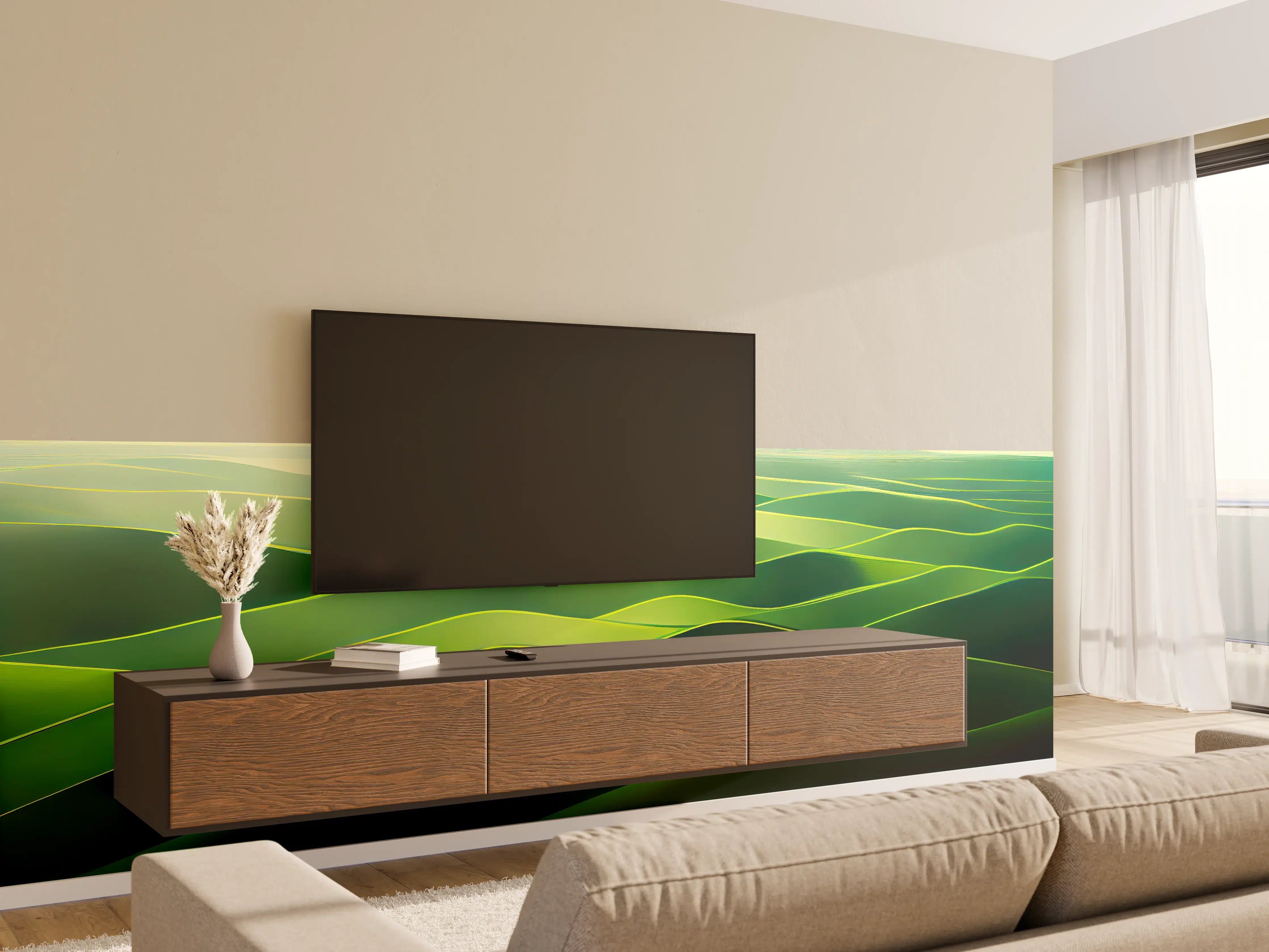 Wandverkleidung Wohnzimmer - Sanfte grüne Hügellandschaft bei Sonnenaufgang