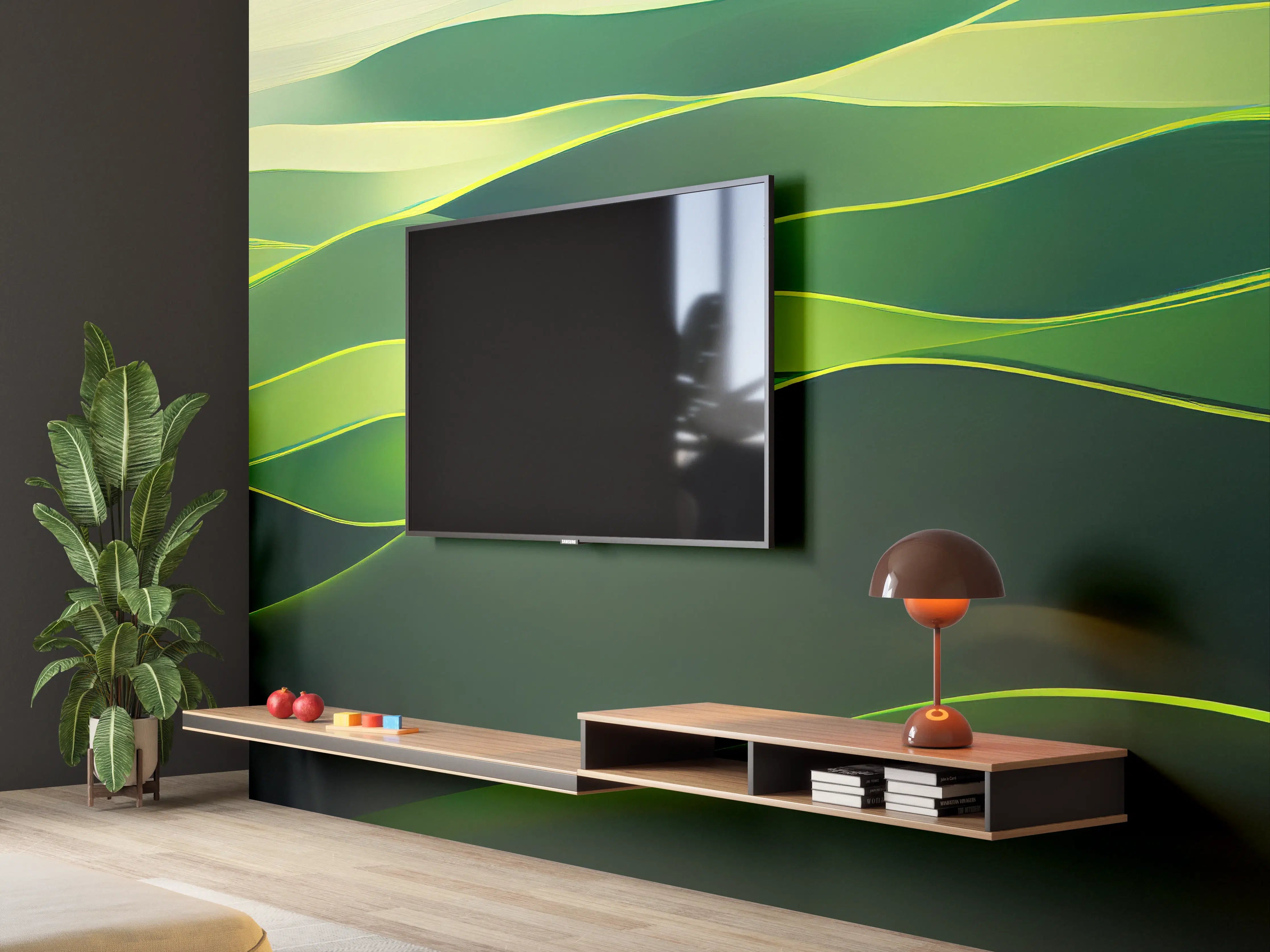 Wandverkleidung Wohnzimmer - Sanfte grüne Hügellandschaft bei Sonnenaufgang