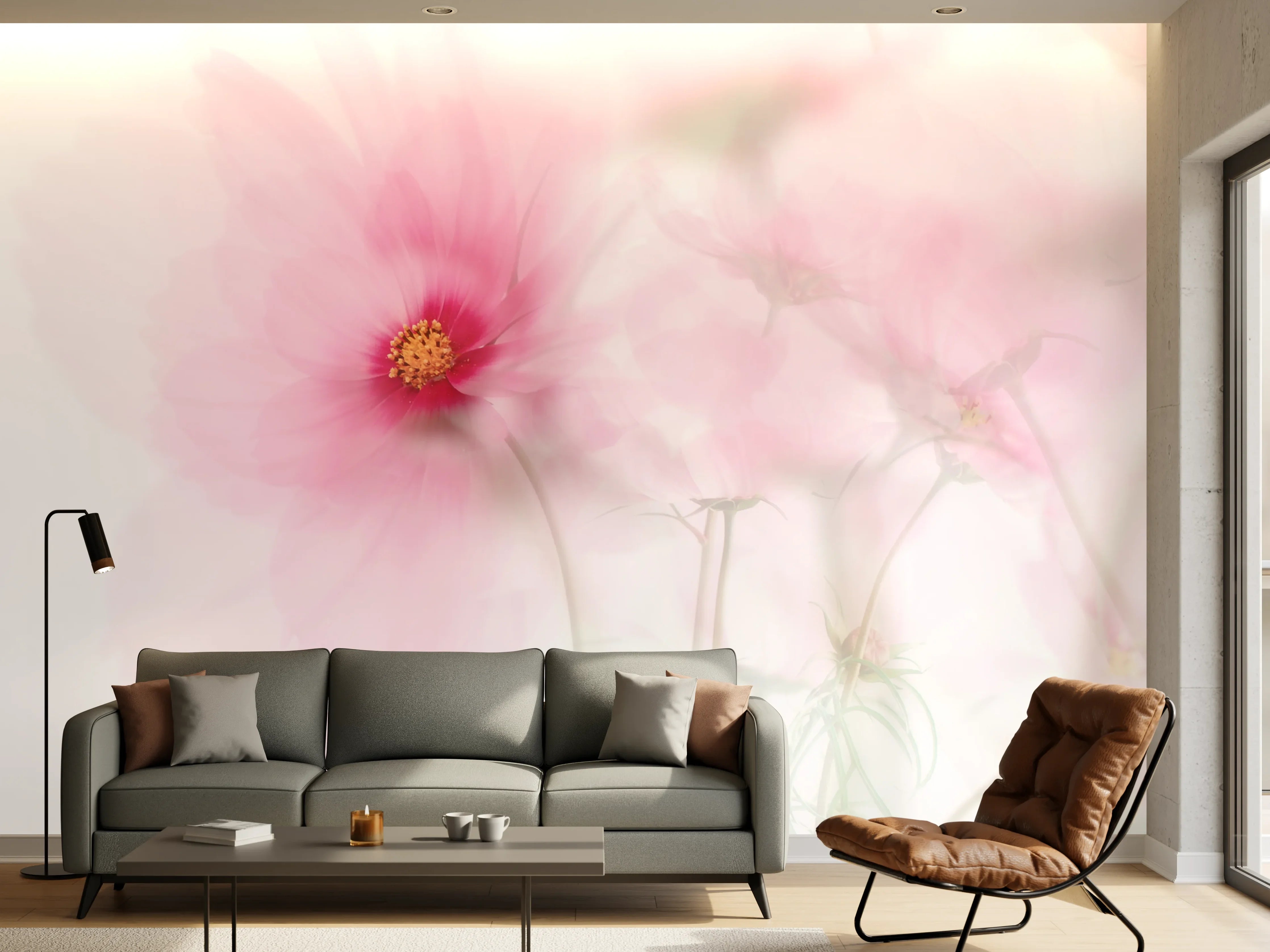 Wandverkleidung Wohnzimmer - Sanfte pinke Blumen im Himmelshintergrund