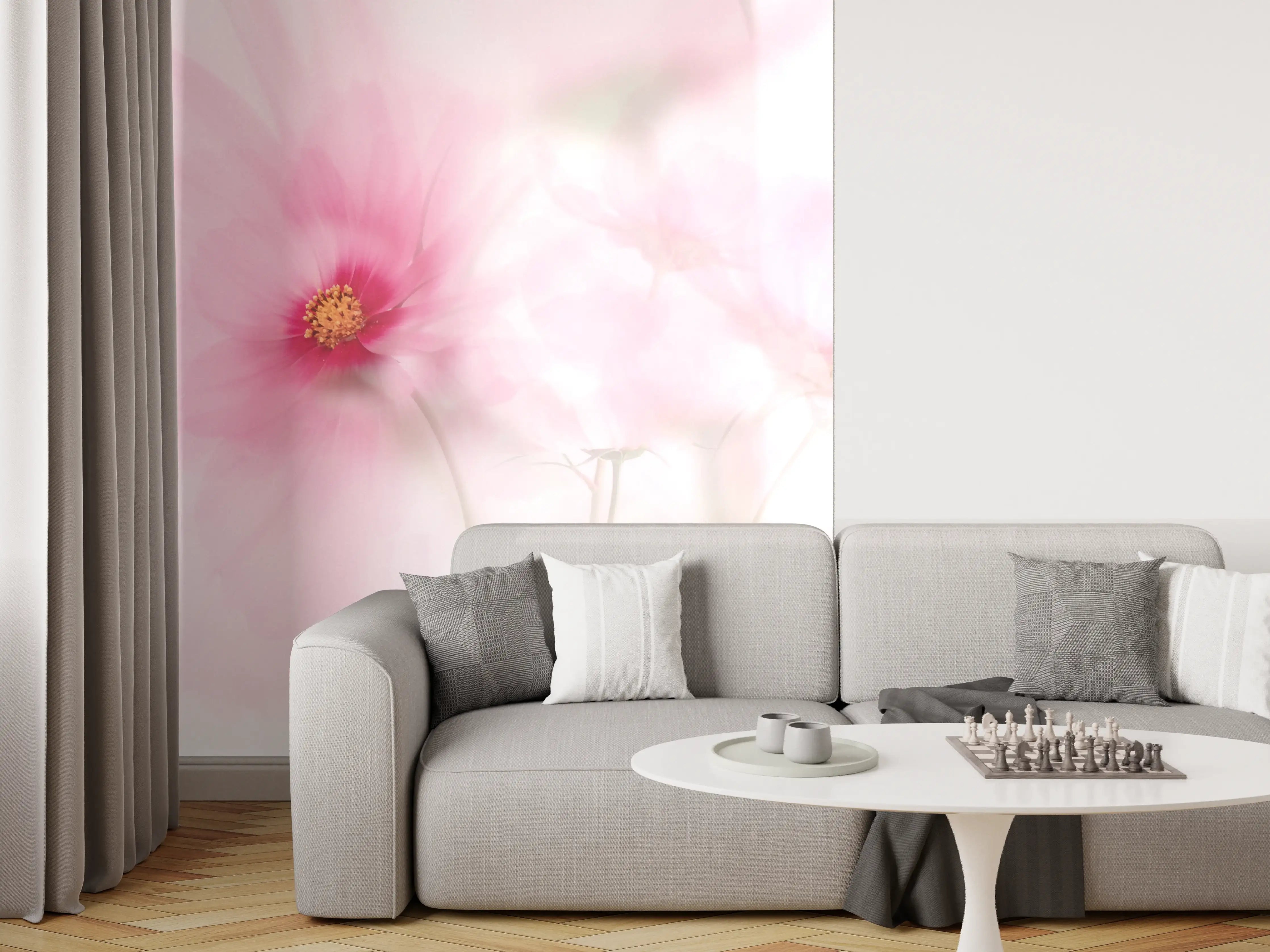 Wandverkleidung Wohnzimmer - Sanfte pinke Blumen im Himmelshintergrund