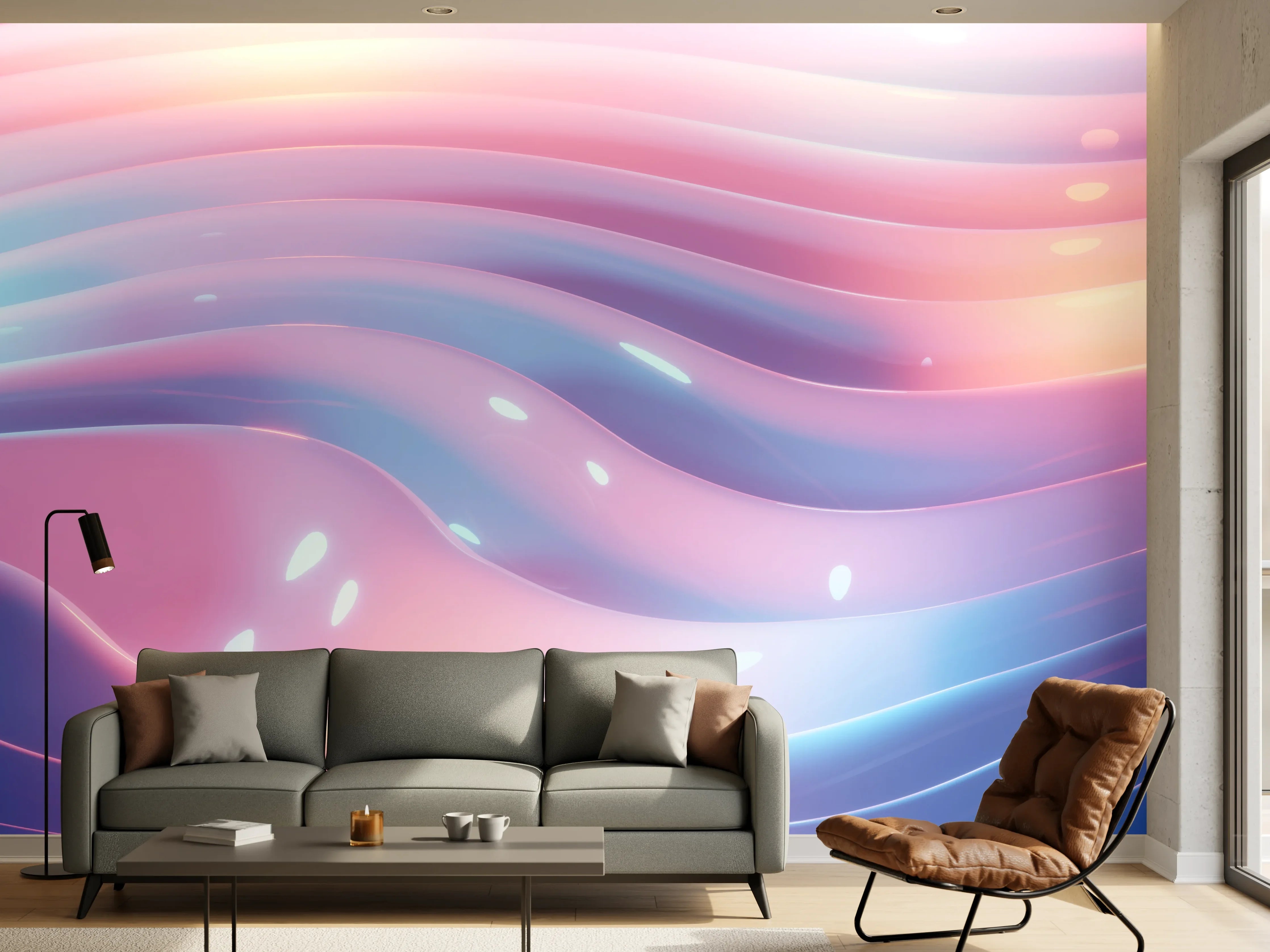 Wandverkleidung Wohnzimmer - Sanfte, farbige Lichtwellen im Farbverlauf