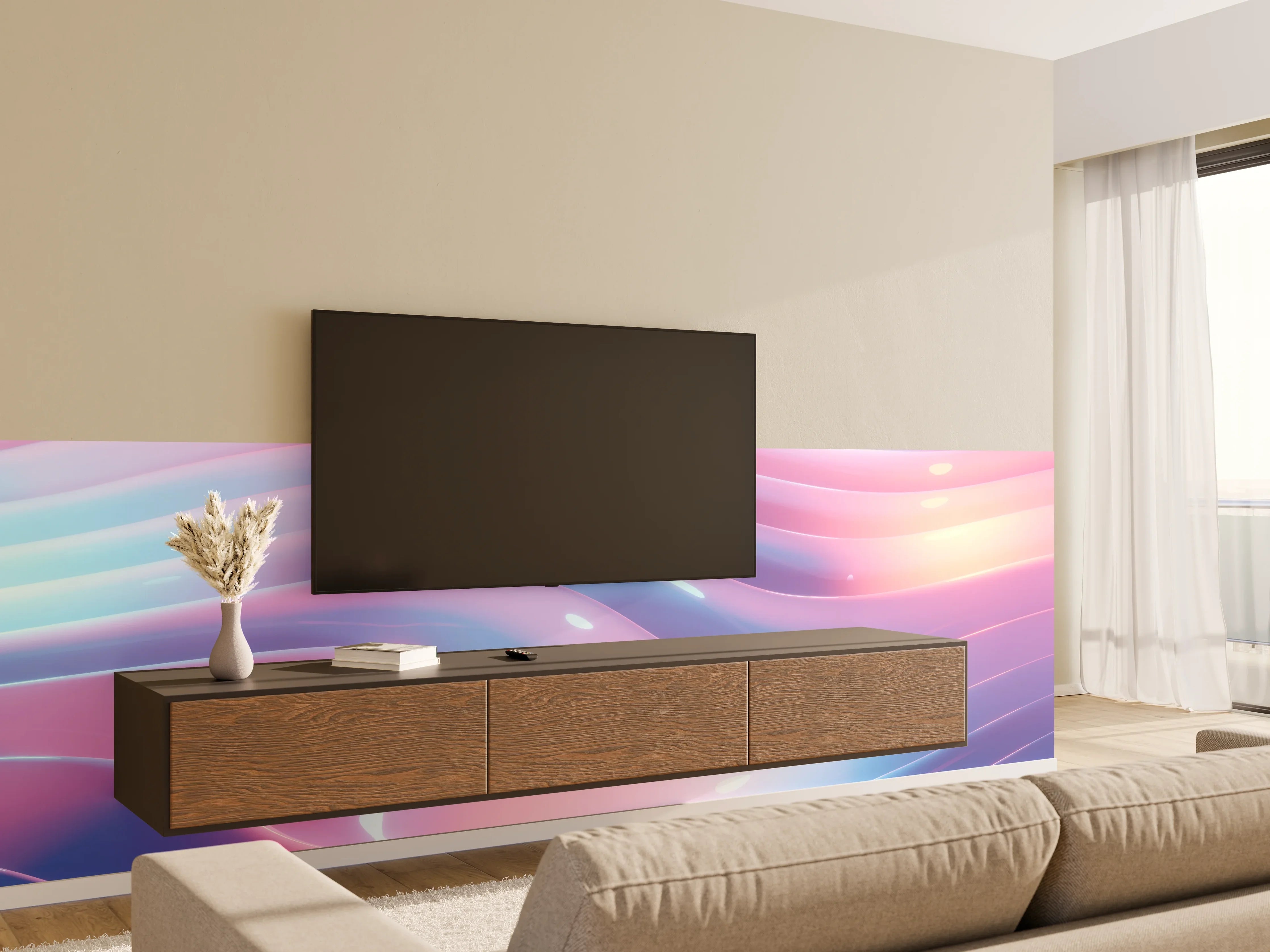 Wandverkleidung Wohnzimmer - Sanfte, farbige Lichtwellen im Farbverlauf