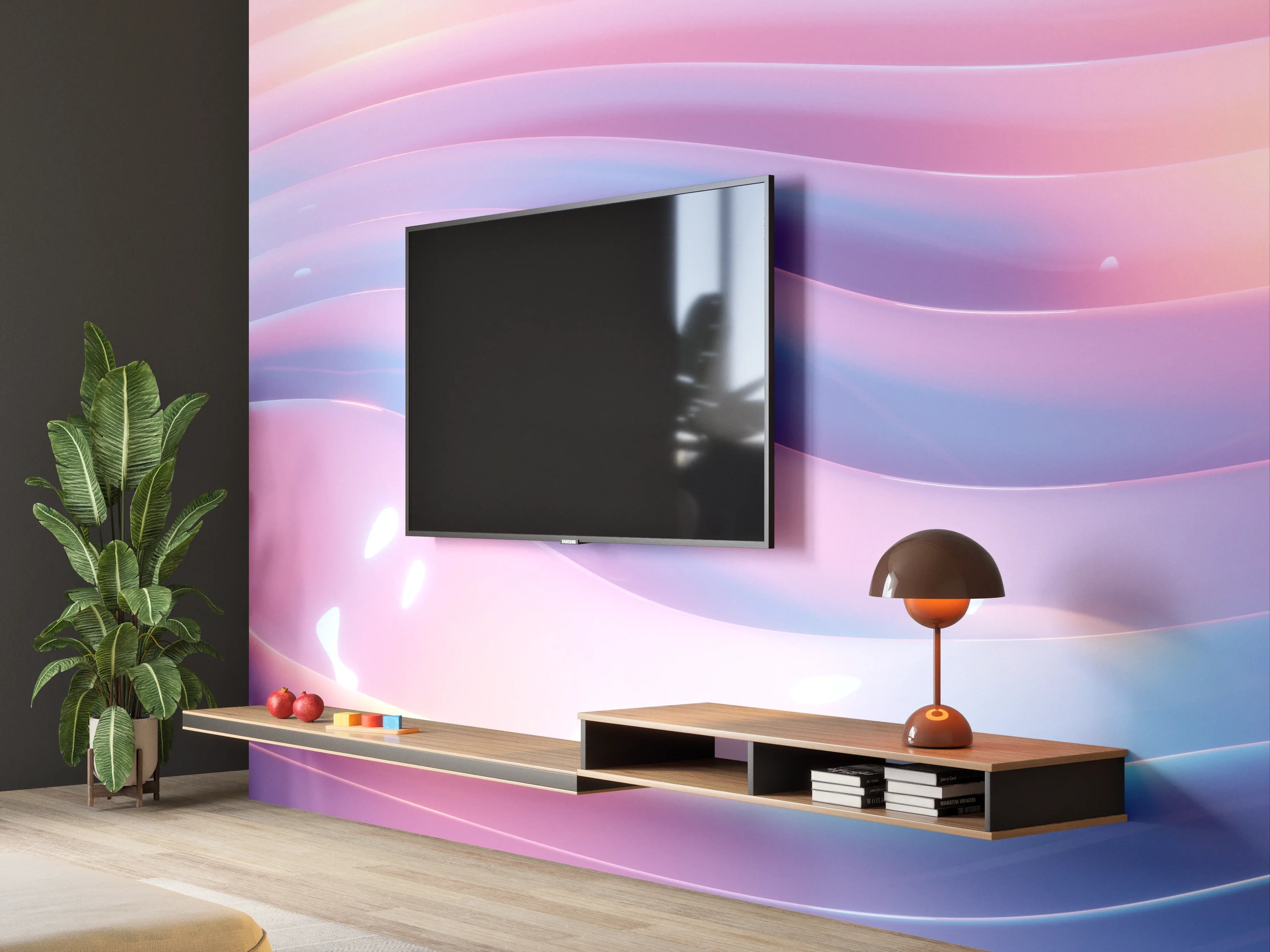Wandverkleidung Wohnzimmer - Sanfte, farbige Lichtwellen im Farbverlauf