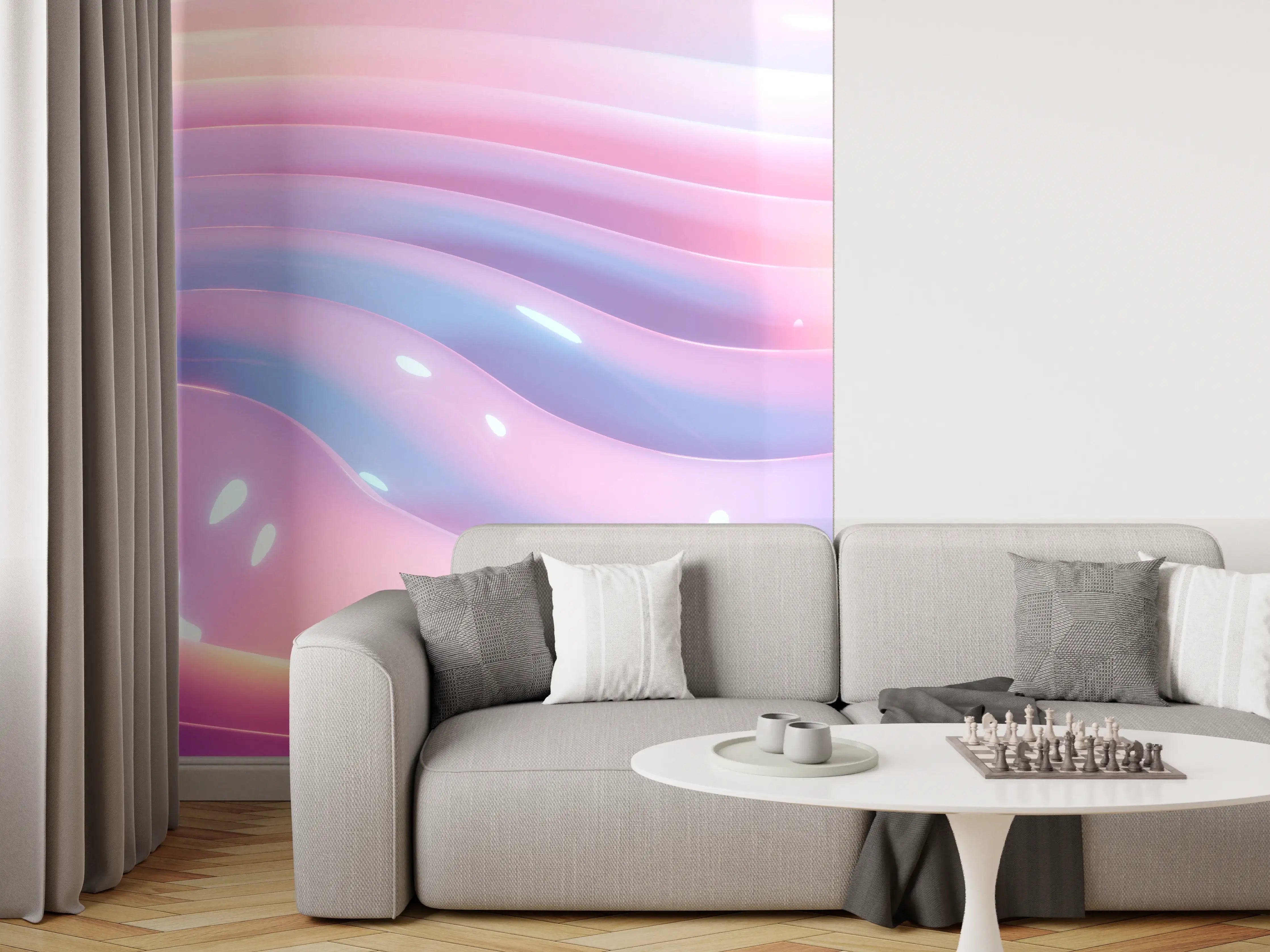 Wandverkleidung Wohnzimmer - Sanfte, farbige Lichtwellen im Farbverlauf