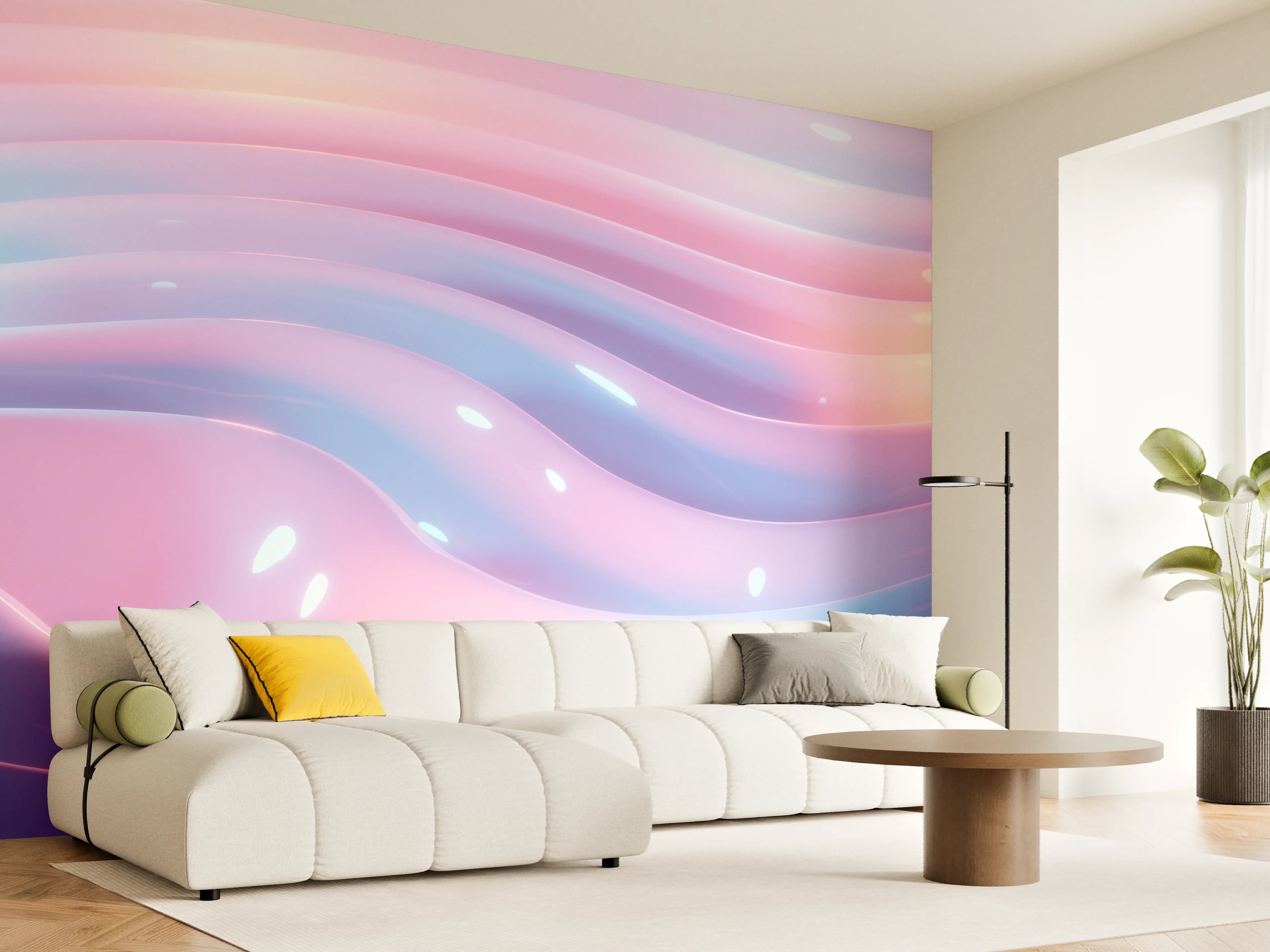 Wandverkleidung Wohnzimmer - Sanfte, farbige Lichtwellen im Farbverlauf