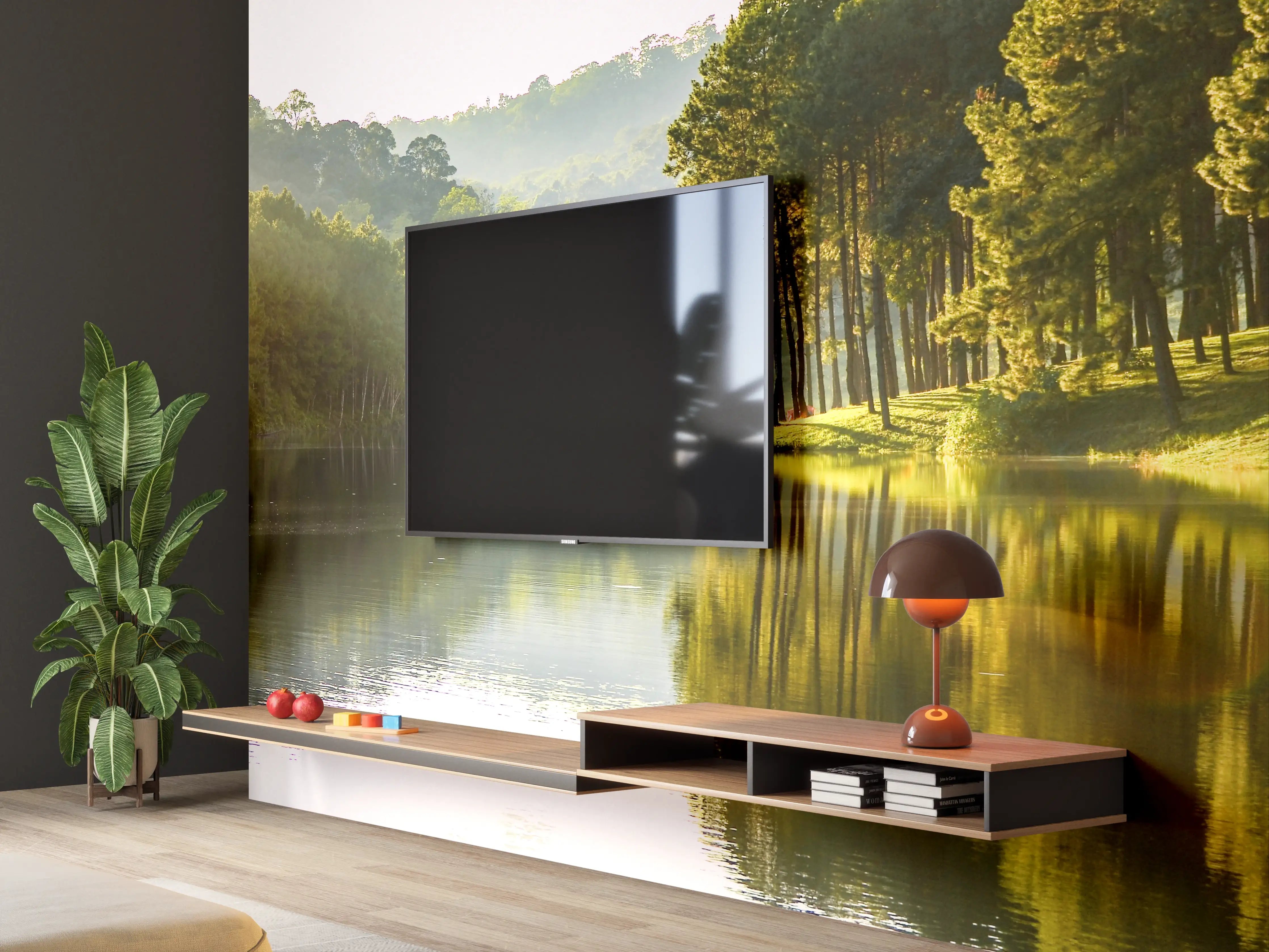 Wandverkleidung Wohnzimmer - Sanfter Fluss im grauen Morgengrau