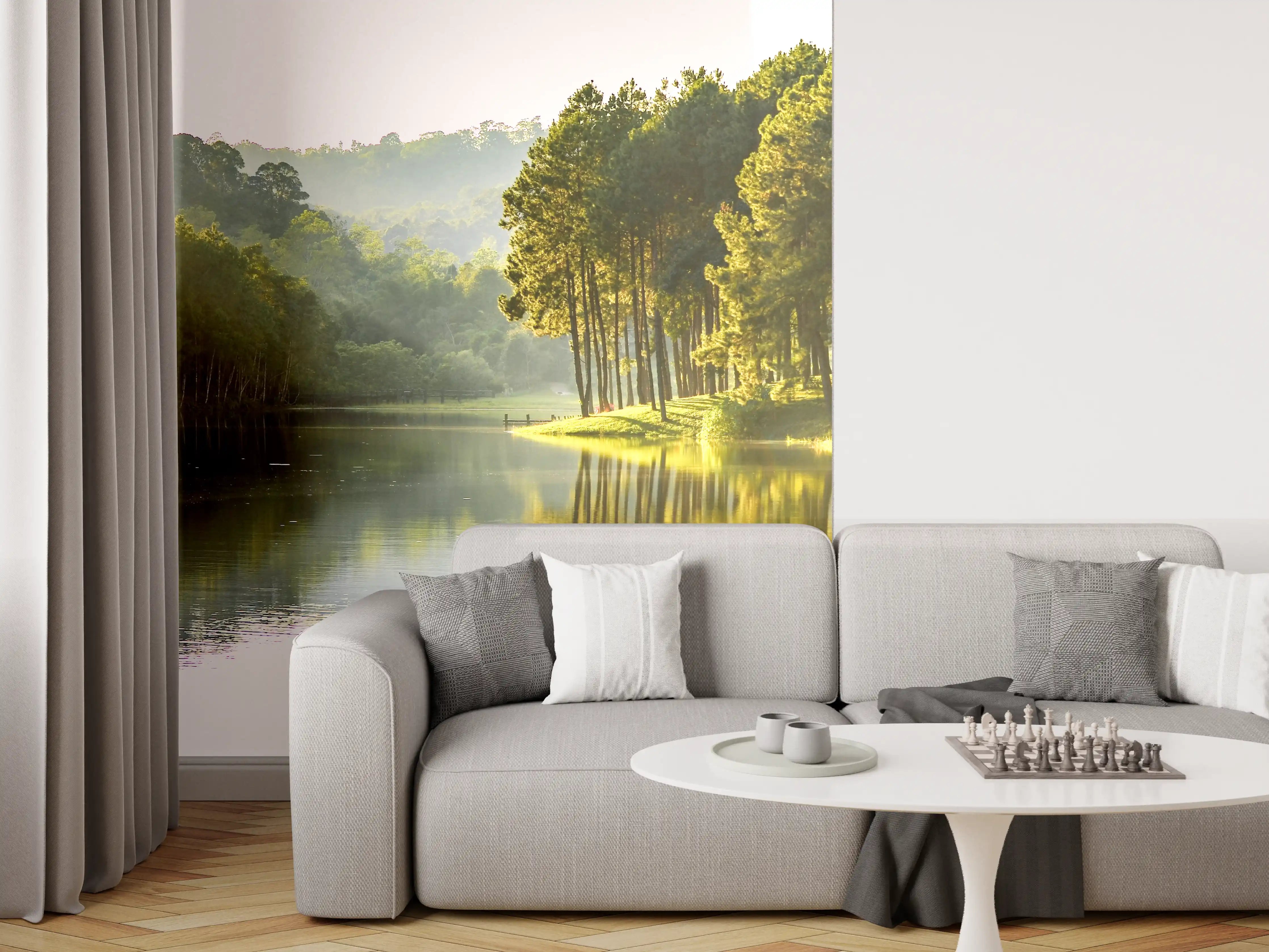 Wandverkleidung Wohnzimmer - Sanfter Fluss im grauen Morgengrau