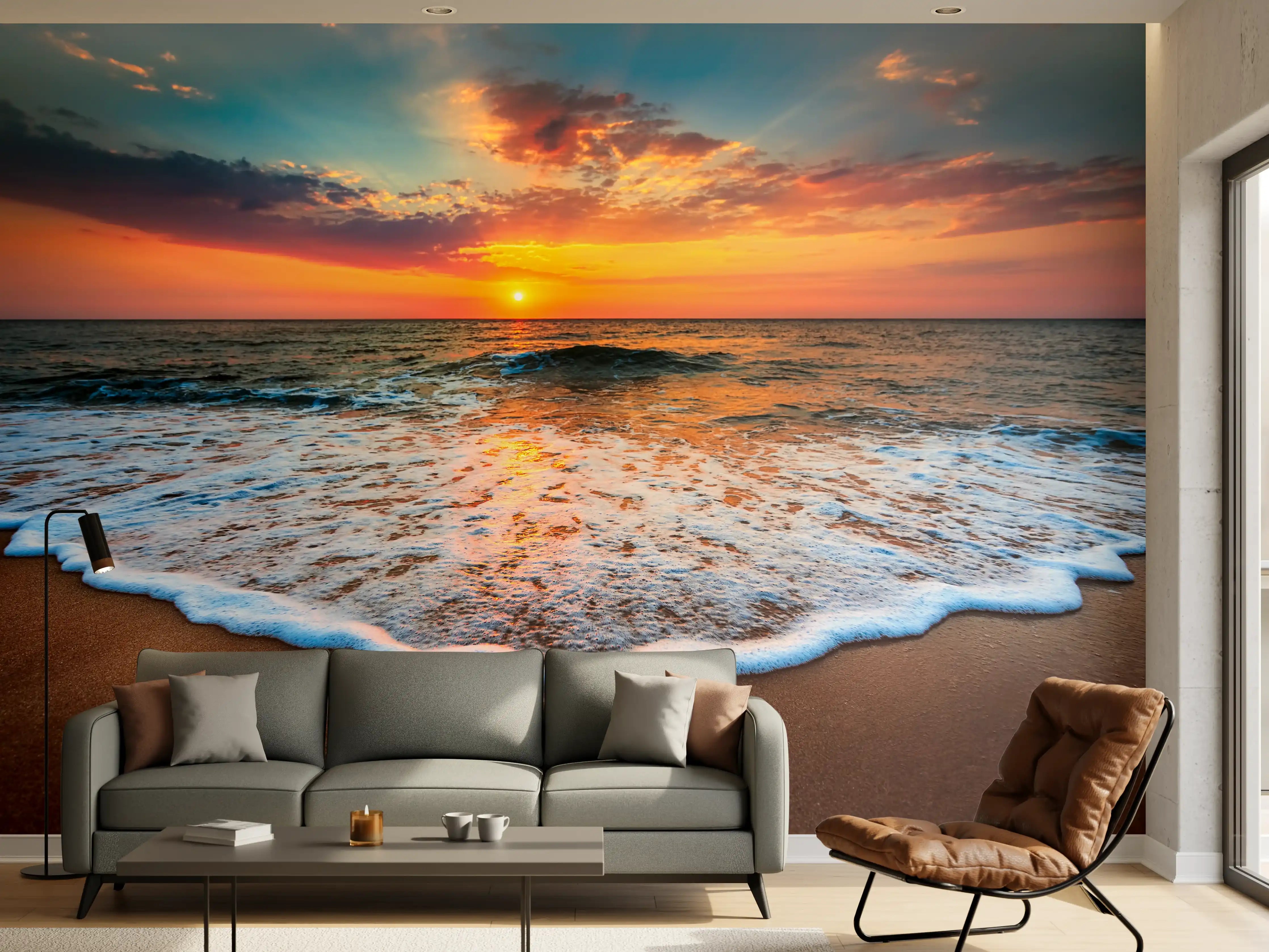 Wandverkleidung Wohnzimmer - Sanfter Grau-Sonnenuntergang am Meeresstrand