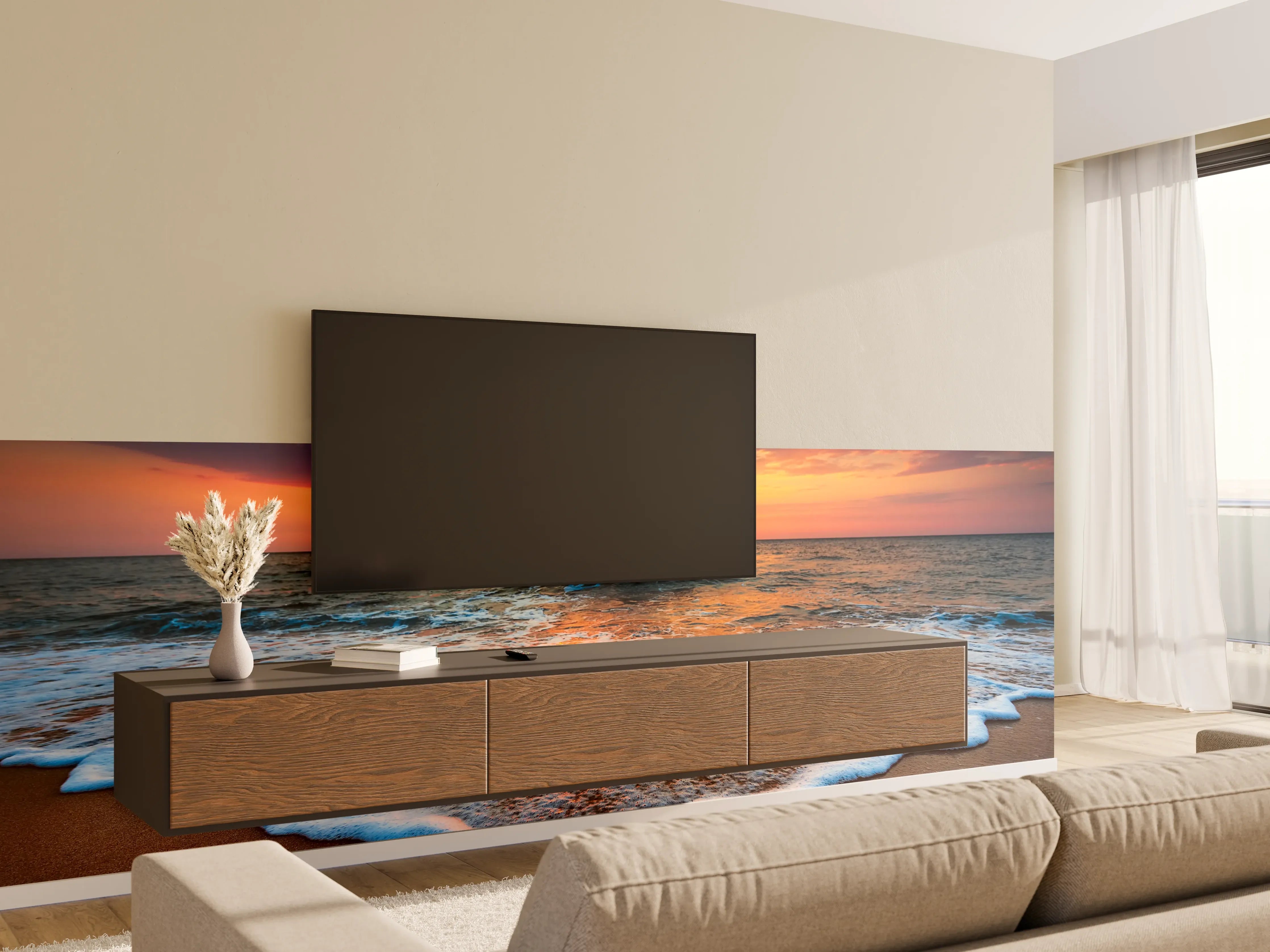 Wandverkleidung Wohnzimmer - Sanfter Grau-Sonnenuntergang am Meeresstrand