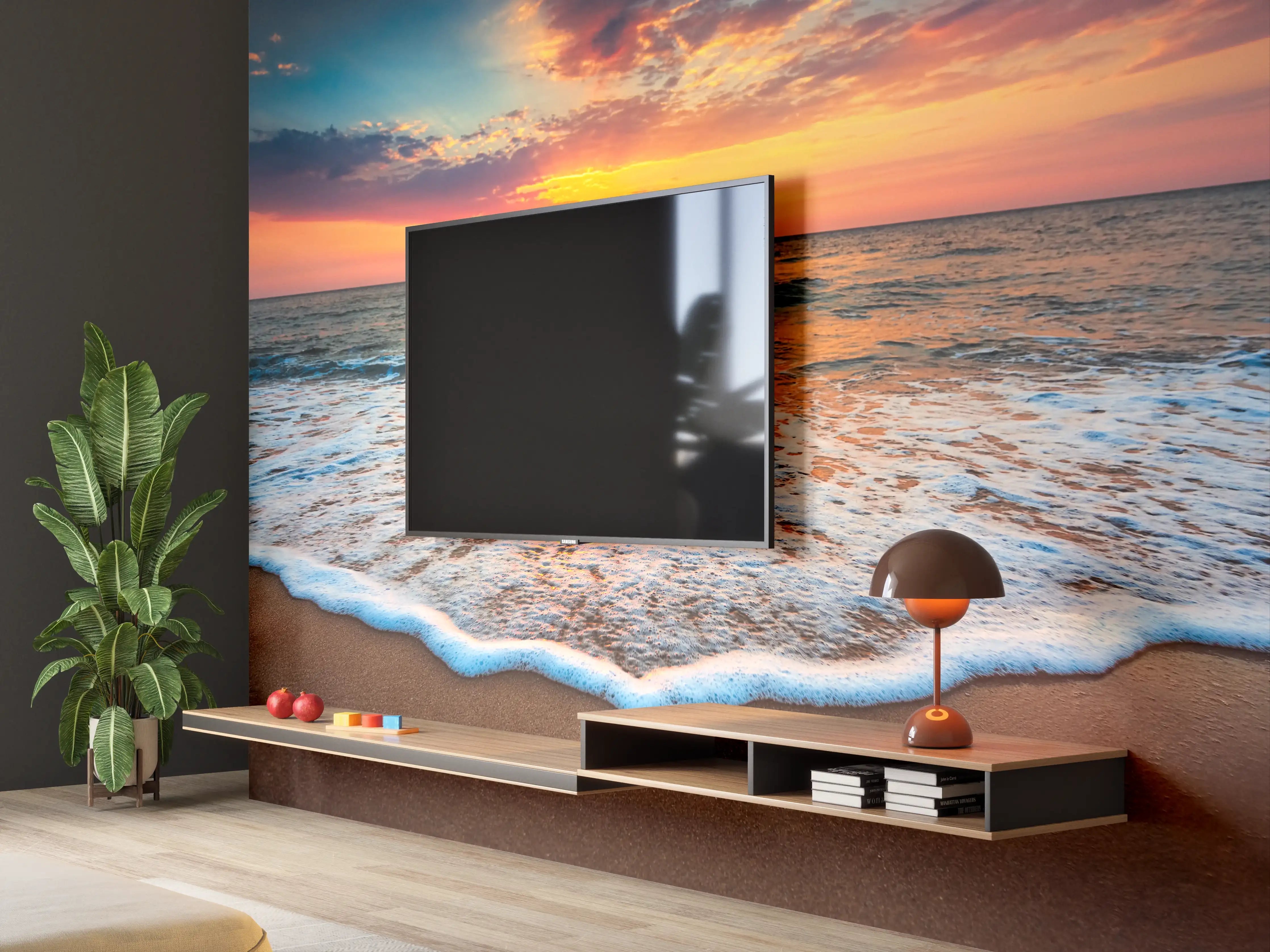 Wandverkleidung Wohnzimmer - Sanfter Grau-Sonnenuntergang am Meeresstrand